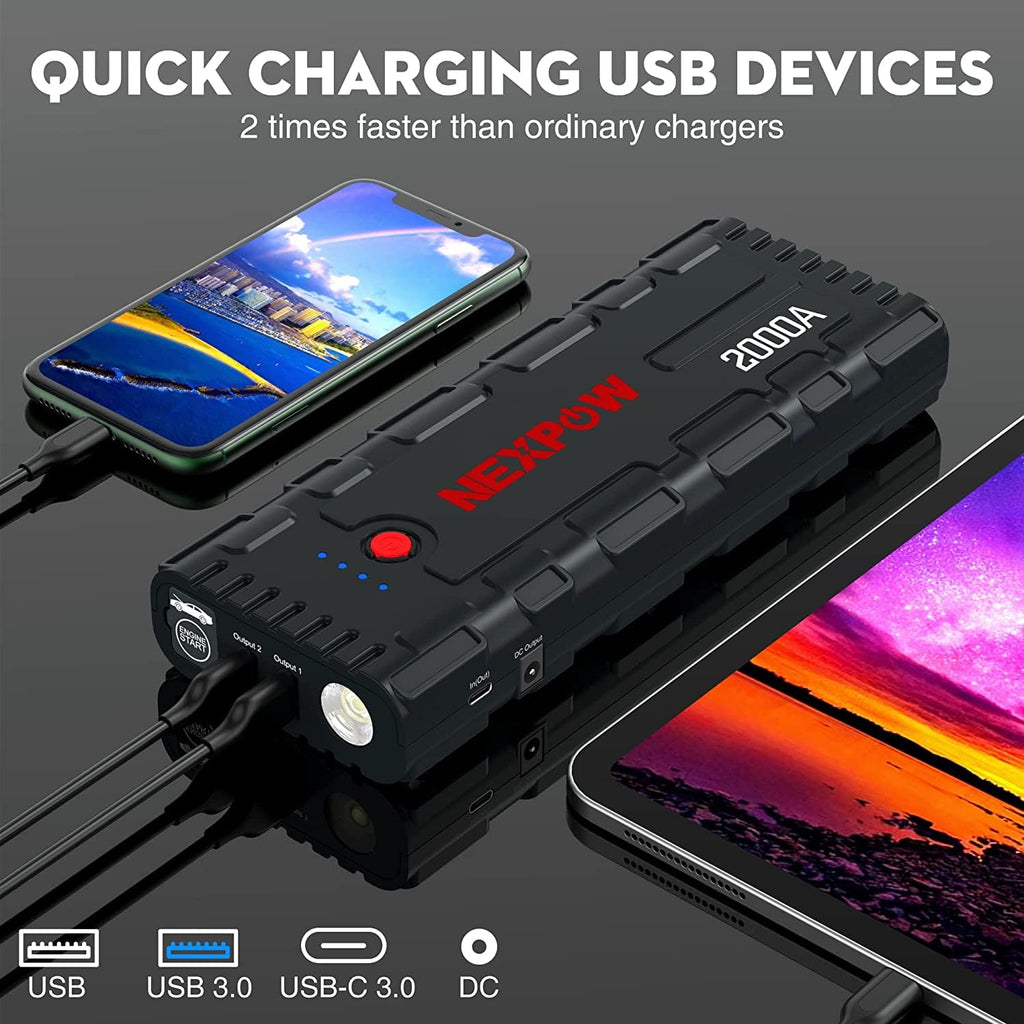 NEXPOW Starthilfe Powerbank, 2000A Spitzenstrom Auto Starthilfe, 12V Tragbarer Batterie Booster mit USB-Schnellladung 3.0 (bis zu 7,0L Benzin oder 6,5L Diesel) Safe Batteriestarter LED-Licht (schwarz)