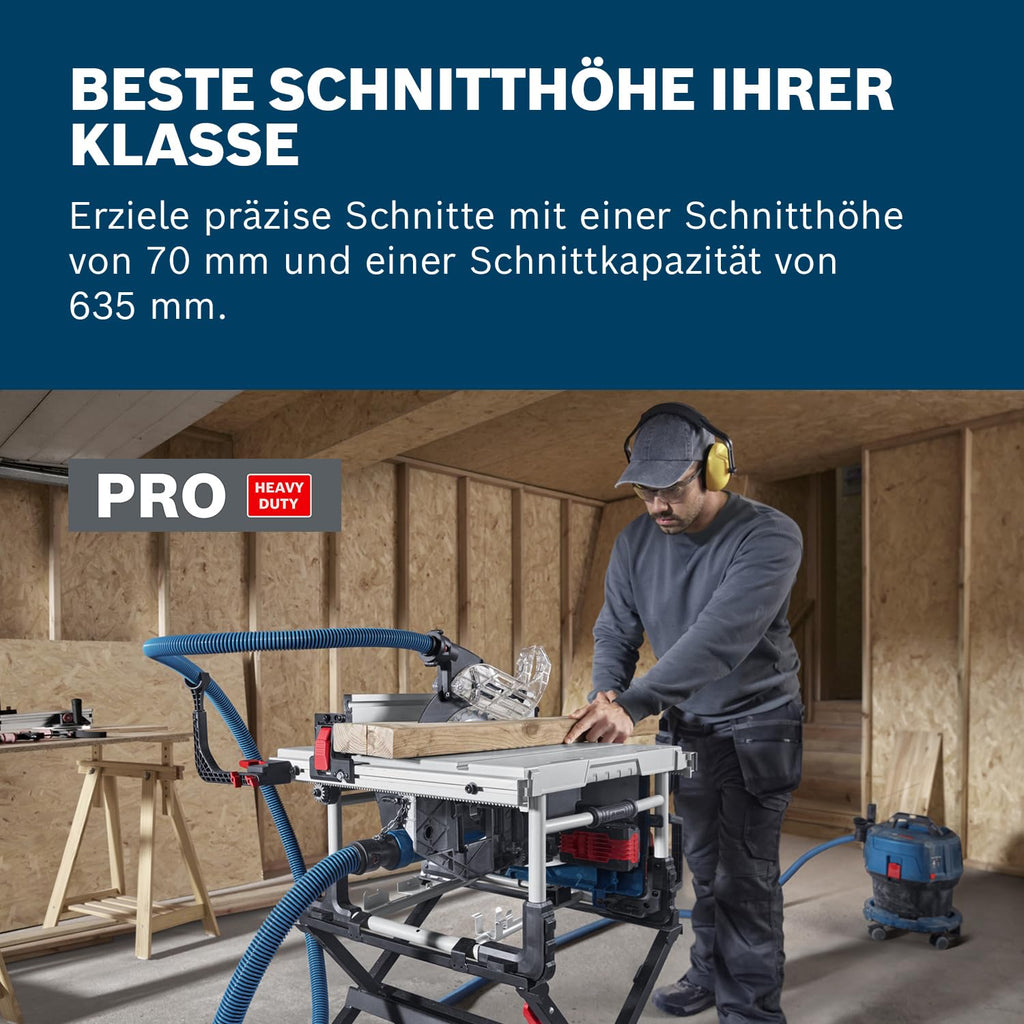 Bosch Professional 18V System Akku-Tischkreissäge GTS 18V-70 (inkl. Sägeblatt Optiline Wood, Winkelanschlag, Schiebestock, Ringschlüssel, Schutzabdeckung, 2x Adapter, Profilschiene, Parallelanschlag)
