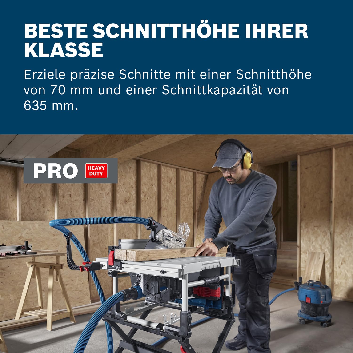 Bosch Professional 18V System Akku-Tischkreissäge GTS 18V-70 (inkl. Sägeblatt Optiline Wood, Winkelanschlag, Schiebestock, Ringschlüssel, Schutzabdeckung, 2x Adapter, Profilschiene, Parallelanschlag)