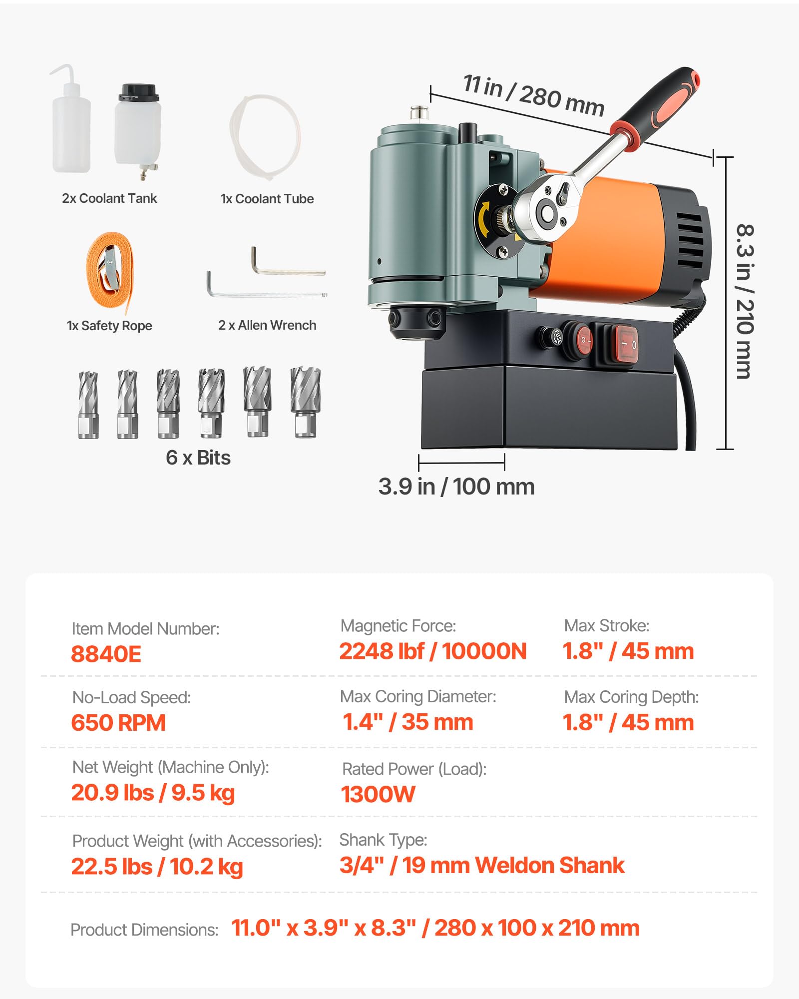 VEVOR Magnetbohrmaschine mit niedrigem Profil, 1300 W, 35 mm Bohrdurchmesser, 10000 N Leistung, tragbare Magnetbohrmaschine mit Weldon-Schaft, für Metalloberflächen Industrie Heimwerker