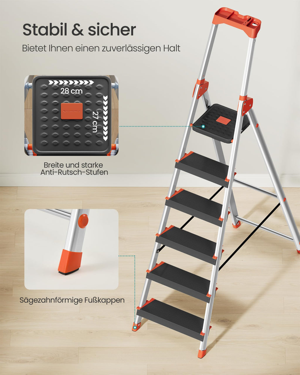 SONGMICS Leiter mit 6 Stufen, Aluleiter, 12 cm breite Stufen mit Riffelung, Anti-Rutsch-Füße, mit Handlauf, Werkzeugschale, bis 150 kg belastbar, schwarz-orange GLT06BK
