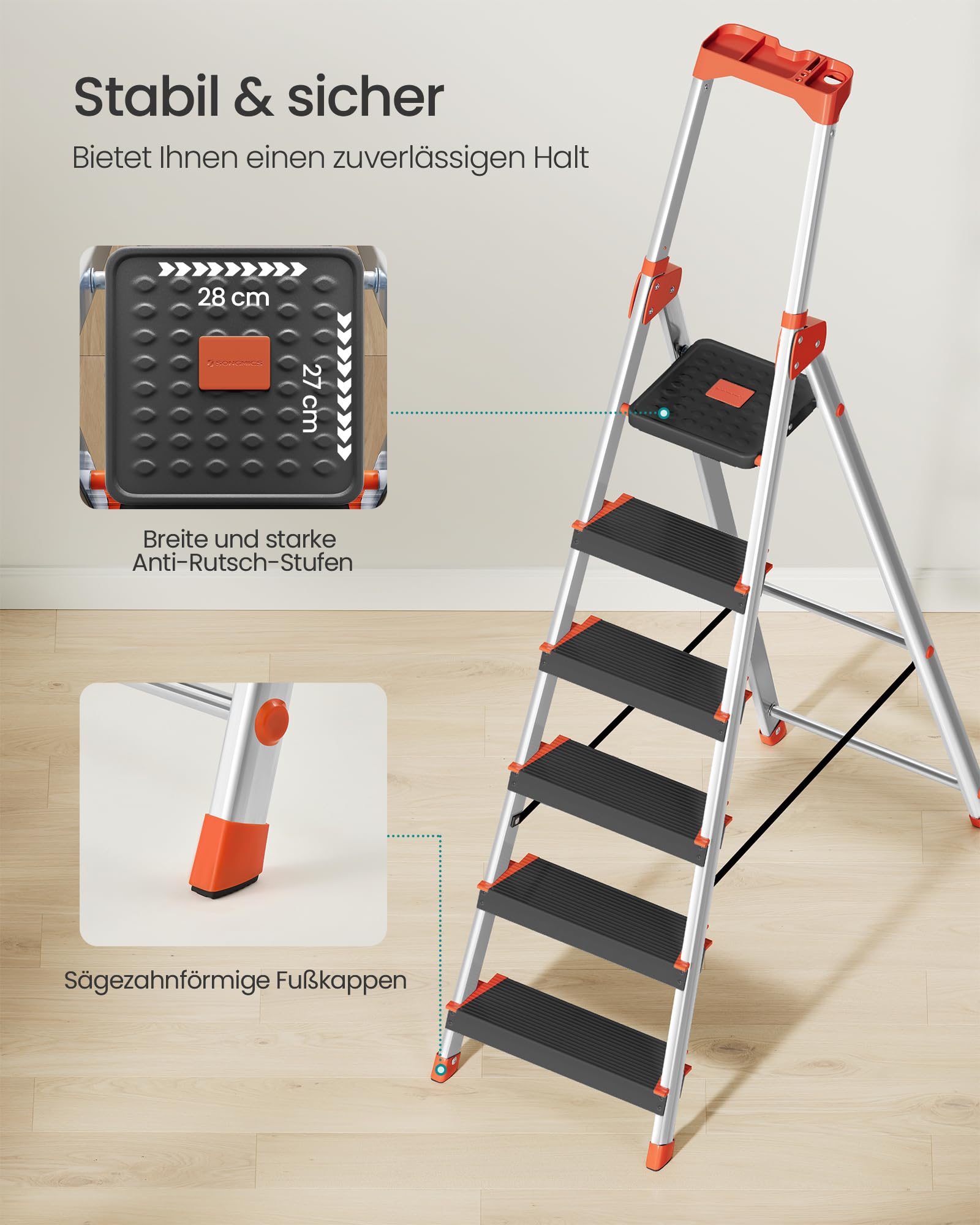 SONGMICS Leiter mit 6 Stufen, Aluleiter, 12 cm breite Stufen mit Riffelung, Anti-Rutsch-Füße, mit Handlauf, Werkzeugschale, bis 150 kg belastbar, schwarz-orange GLT06BK
