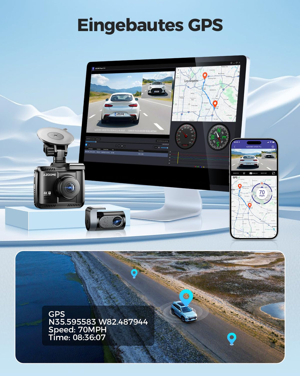 AZDOME Dashcam Auto Vorne Hinten 4K/2,5K GPS WiFi Dash Cam Auto mit Starvis, 64GB SD Karte, Auto Kamera, Parküberwachung, Super Nachtsicht, WDR, 170° Weitwinkel, G-Sensor, Loop-Aufnahme, GS63H Pro
