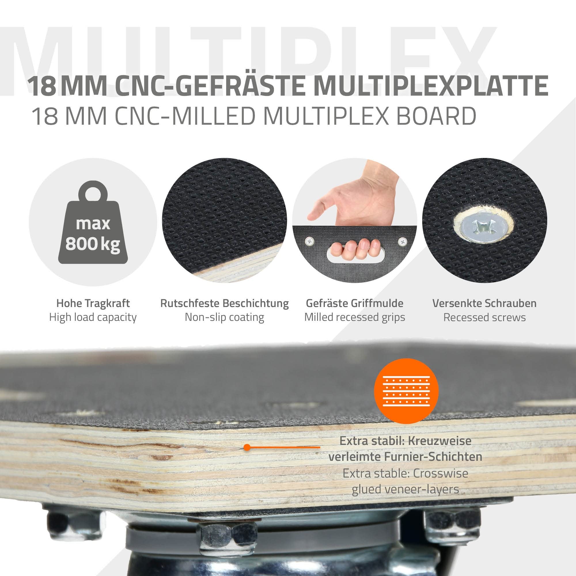 ECD Germany Transportroller 35 x 50 cm bis 800 kg Siebdruckplatte - PP-Räder Rollbrett Möbelroller Transporthilfe für Umzug Möbel-Transport Möbelhund Rollwagen Roller Transporter Transportwagen