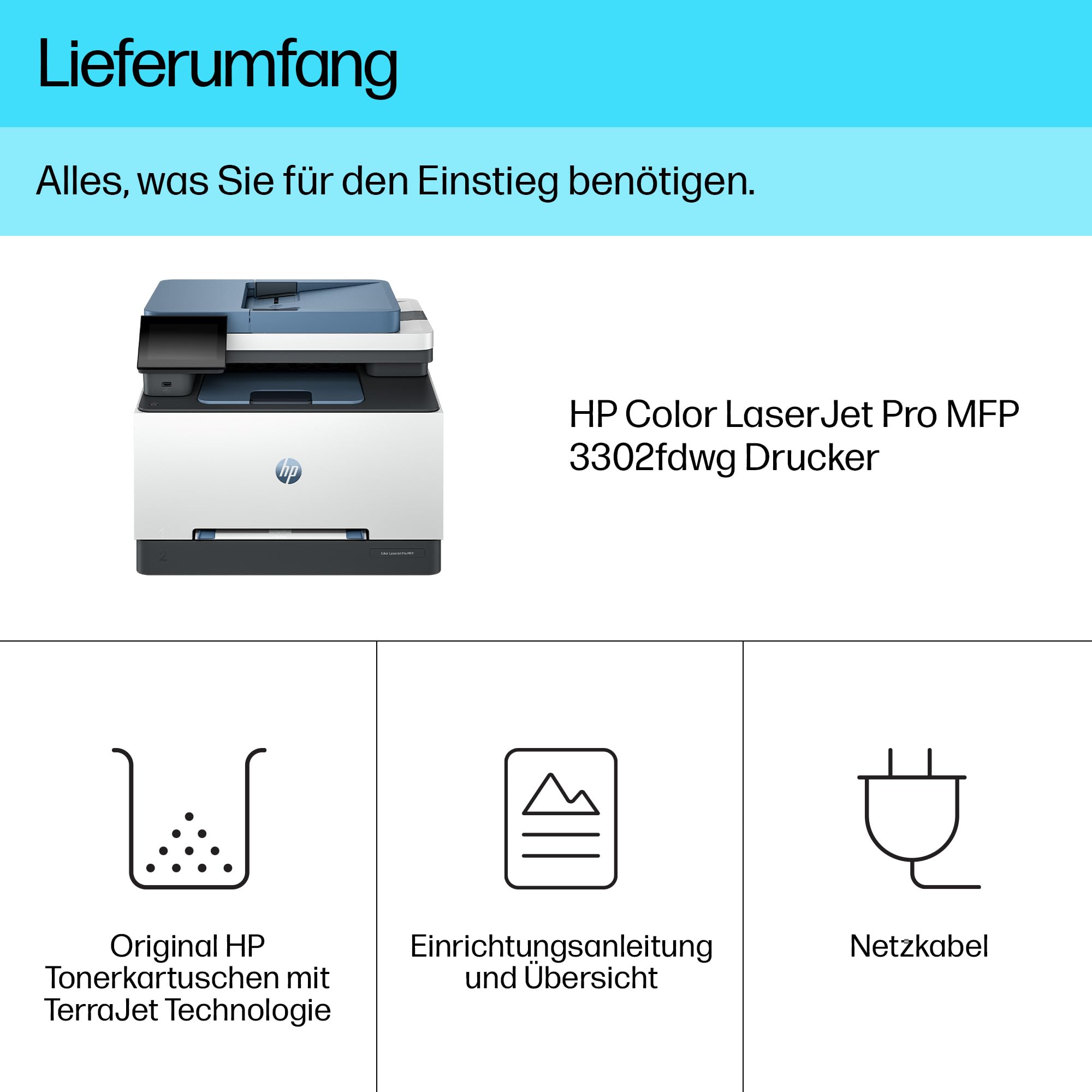 HP Color LaserJet Pro MFP 3302fdwg Multifunktions-Farblaserdrucker, Fax, Automatischer beidseitiger Druck, Touchscreen, Wi-Fi, Ethernet, USB, Wolf Pro Security