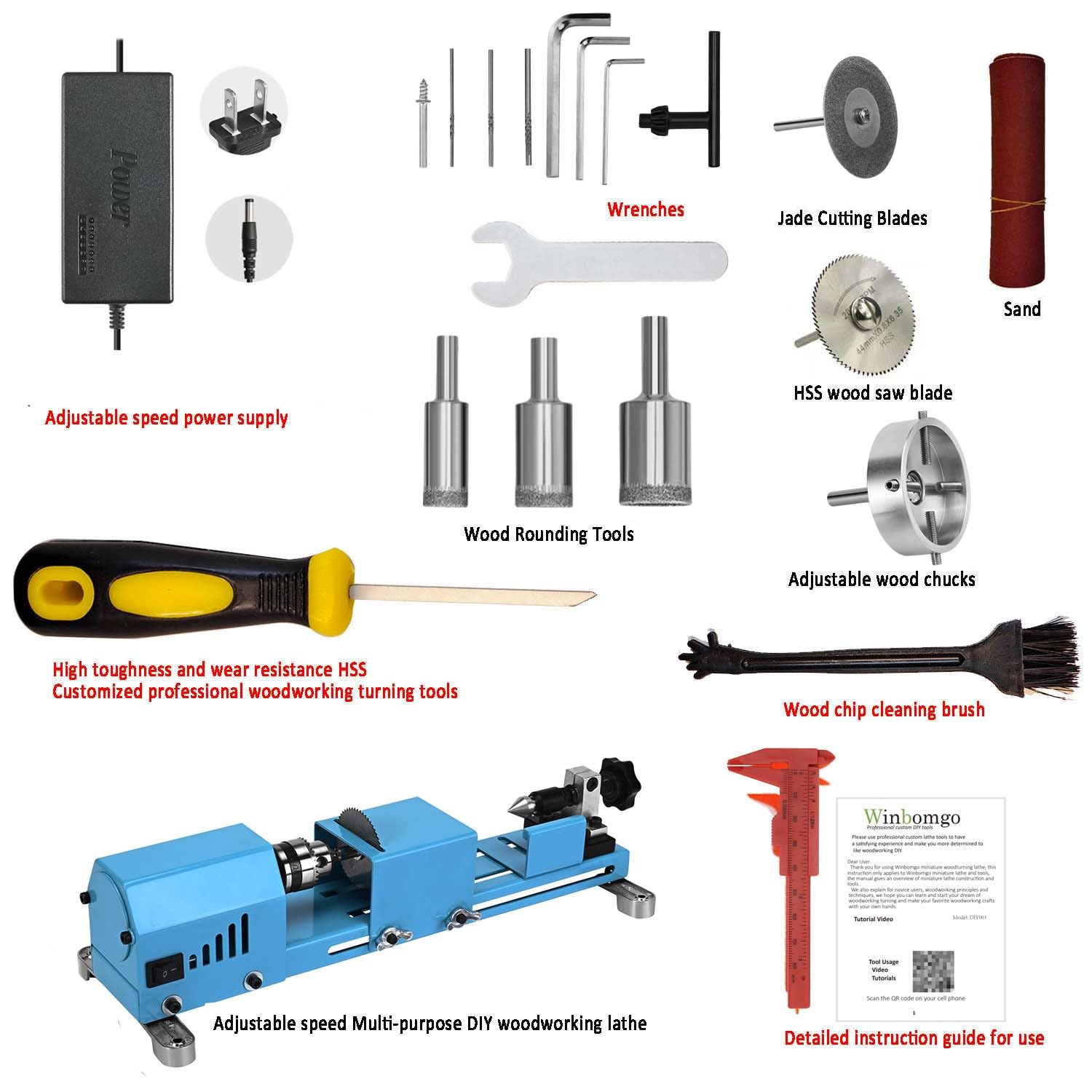 Winbomgo Mini-Holzdrehmaschine, Mehrzweck-Drehmaschine, Fräsdrehmaschine, Schneiden, Polieren, Profi-Tisch, Top-Drehmaschine Werkzeugsatz