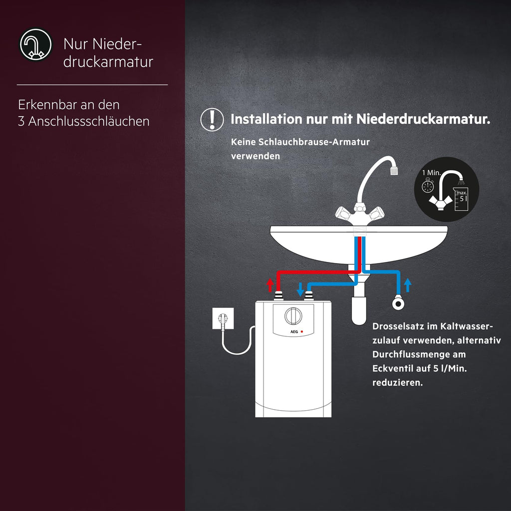 AEG Boiler BOI 5 U, Untertischboiler 5 Liter Niederdruck mit Stecker 230V für Küchenspüle + Wachbecken, 2 kW, Made in Germany, 204616