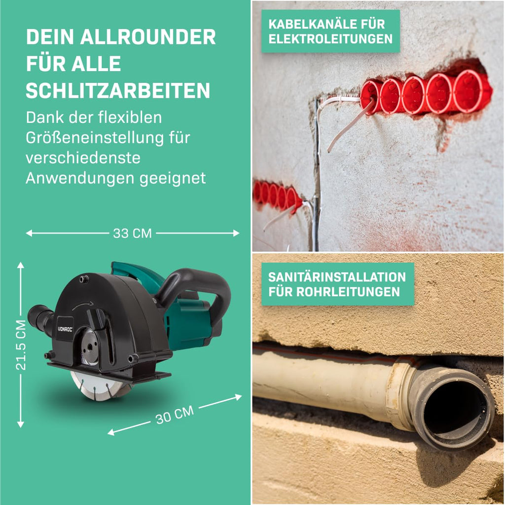 VONROC Schlitzfräse Mauernutfräse mit Absaugung [1700W] - Nutfräser für Kabelnut [14/19/29mm] - Schlitzmaschine 150mm mit Schnittiefe [4-40mm] inklusive 4 Diamantscheiben
