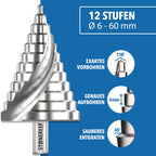 Stufenbohrer 6–60 mm aus HSS 4241 – Spiralnut mit 12 mm Schaft – Kegelbohrer Schälbohrer für Metall Kunststoff Holz – extra großer Lochbohrer für präzise Bohrungen