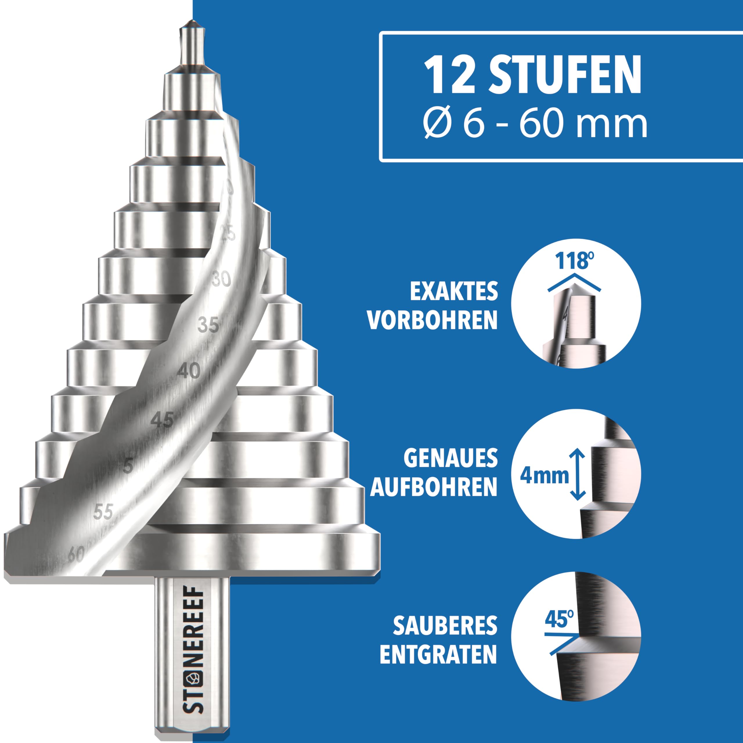 Stufenbohrer 6–60 mm aus HSS 4241 – Spiralnut mit 12 mm Schaft – Kegelbohrer Schälbohrer für Metall Kunststoff Holz – extra großer Lochbohrer für präzise Bohrungen