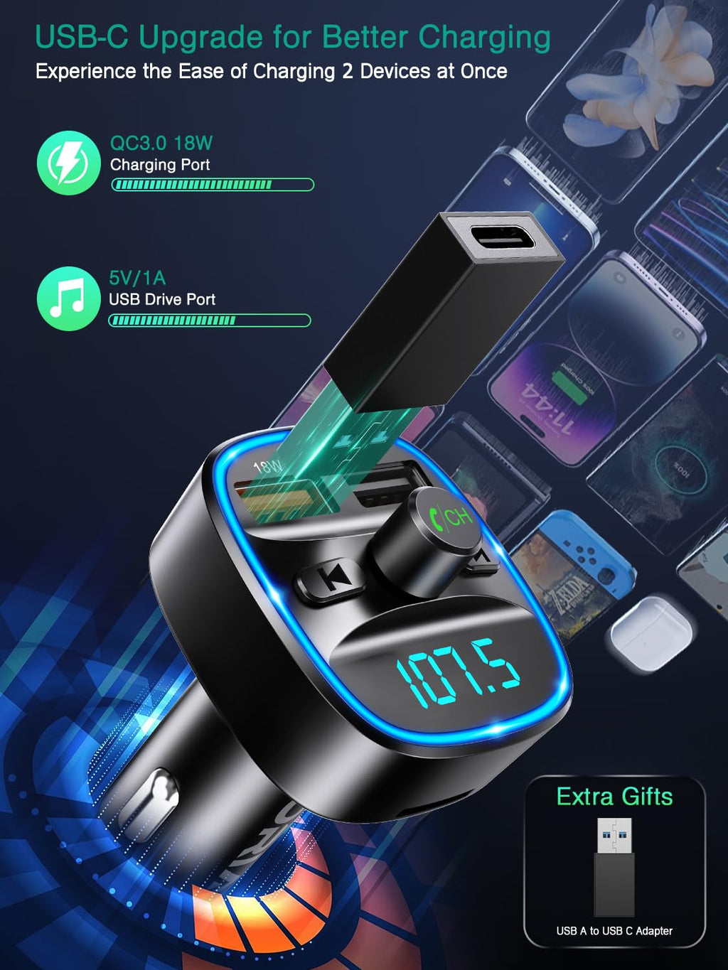 ORIA Bluetooth FM Transmitter Auto, Bluetooth 5.3 Adapter für Auto Radio, Rauschunterdrückung Mikrofon & 2 USB Aufladung, Freisprechen Carkit, unterstützt BT, SD-Karte, USB-Stick