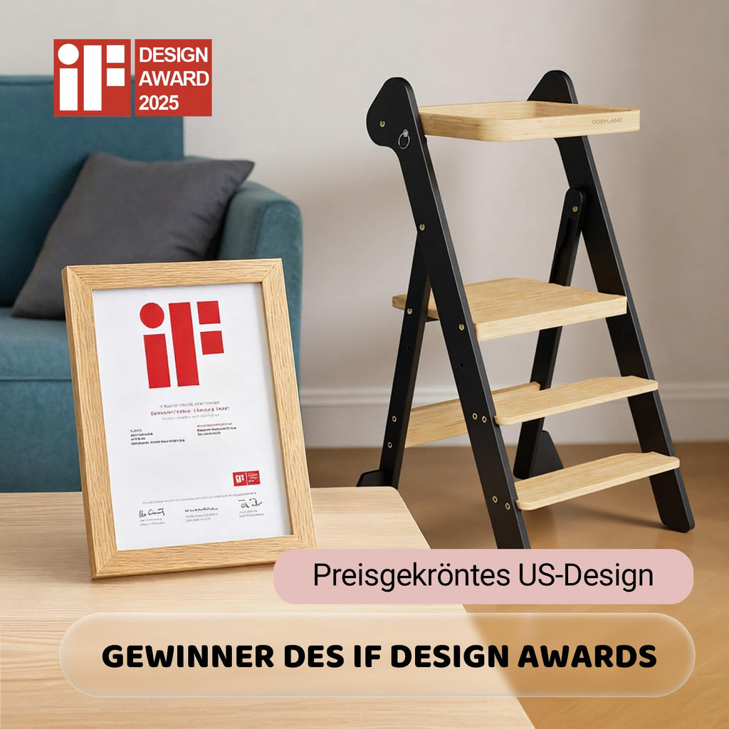 COSYLAND Lernturm ab 1 Jahr klappbar – iF Design Award Gewinner, höhenverstellbarer Lernturm mit Sicherheitsnetz, Montessori Learning Tower/Lernstuhl für Kinder, Foldi (Schwarz & Natur)