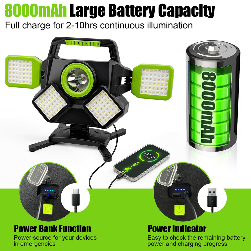 SYLSTAR LED Strahler Akku 55W, 5000LM Magnetische LED Arbeitsleuchte, Baustrahler Akku Faltbar & 360° Drehbar, 6 Modi Baustellenlampe für Werkstatt, Baustelle, Camping, Autoreparatur