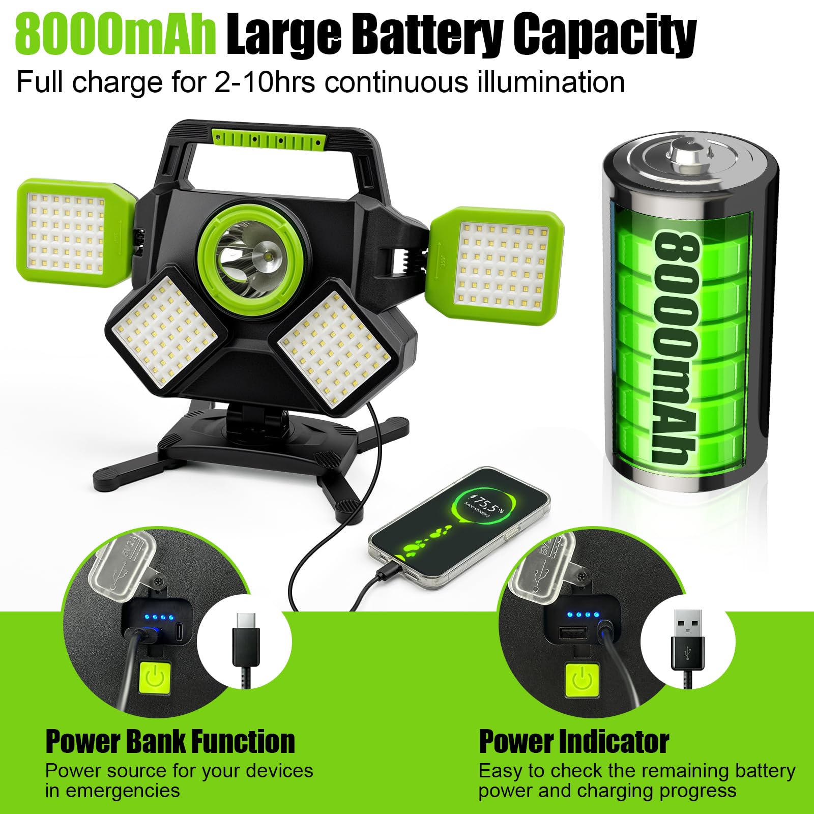 SYLSTAR LED Strahler Akku 55W, 5000LM Magnetische LED Arbeitsleuchte, Baustrahler Akku Faltbar & 360° Drehbar, 6 Modi Baustellenlampe für Werkstatt, Baustelle, Camping, Autoreparatur