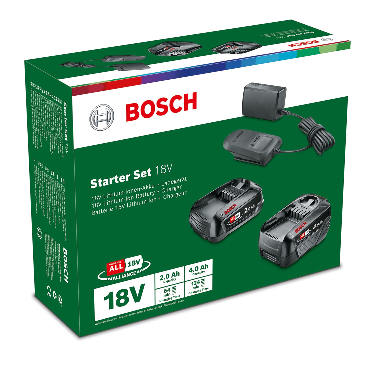 Bosch Akku und Ladegerät Starter Set 18V (2X Akku 2,0 Ah + 4,0 Ah, AL18V-20 Ladegerät, 18 Volt System, im Karton)