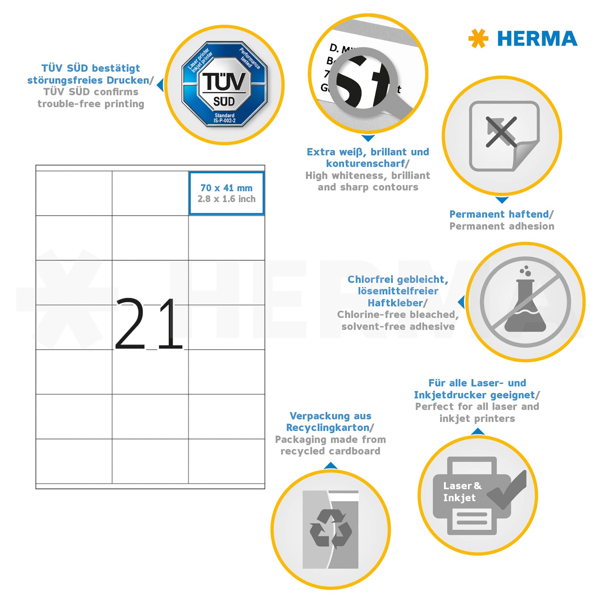 HERMA 4473 Adressetiketten, 100 Blatt, 70 x 41 mm, 21 pro A4 Bogen, 2100 Stück, selbstklebend, bedruckbar, matt, blanko Papier Adressaufkleber Etiketten, weiß