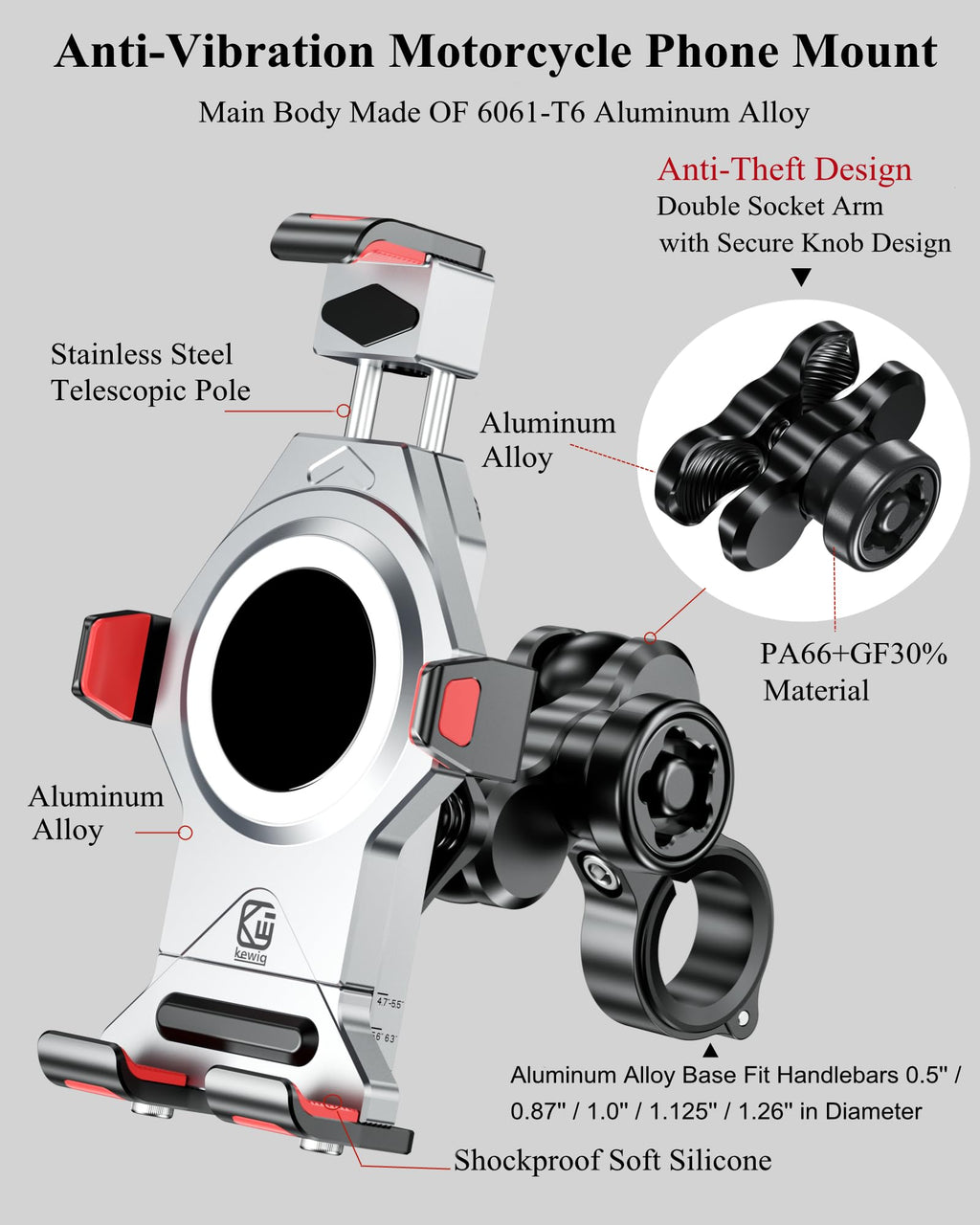 BRCOVAN Aluminiumlegierung Motorrad Handyhalterung mit Vibrationsdämpfer, Verstellbar Handy Motorradhalterung, Diebstahlsichere Lenker Handyhalter für Fahrrad, Roller, ATV, für 4,7-7,2 Zoll Smartphone