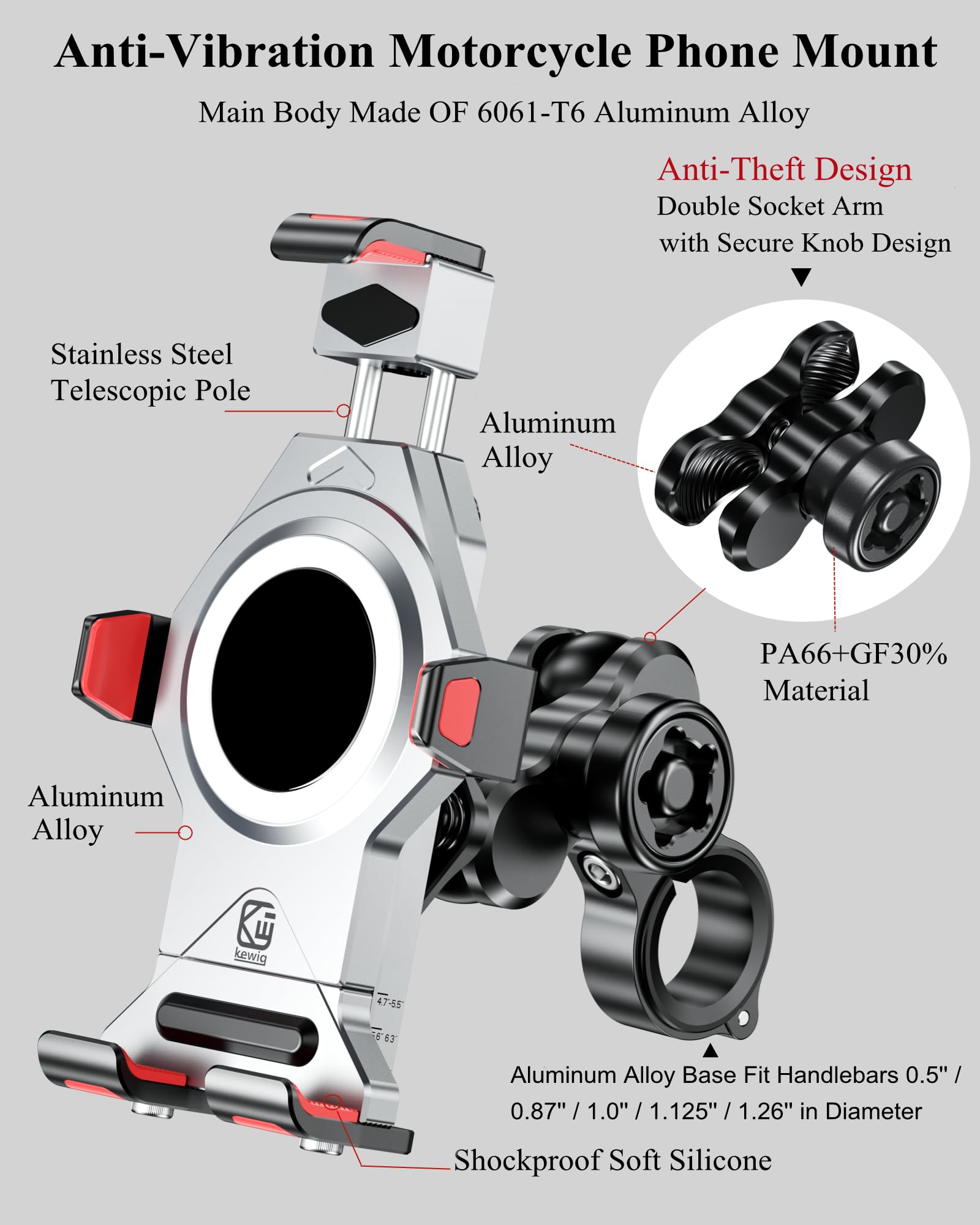 BRCOVAN Aluminiumlegierung Motorrad Handyhalterung mit Vibrationsdämpfer, Verstellbar Handy Motorradhalterung, Diebstahlsichere Lenker Handyhalter für Fahrrad, Roller, ATV, für 4,7-7,2 Zoll Smartphone