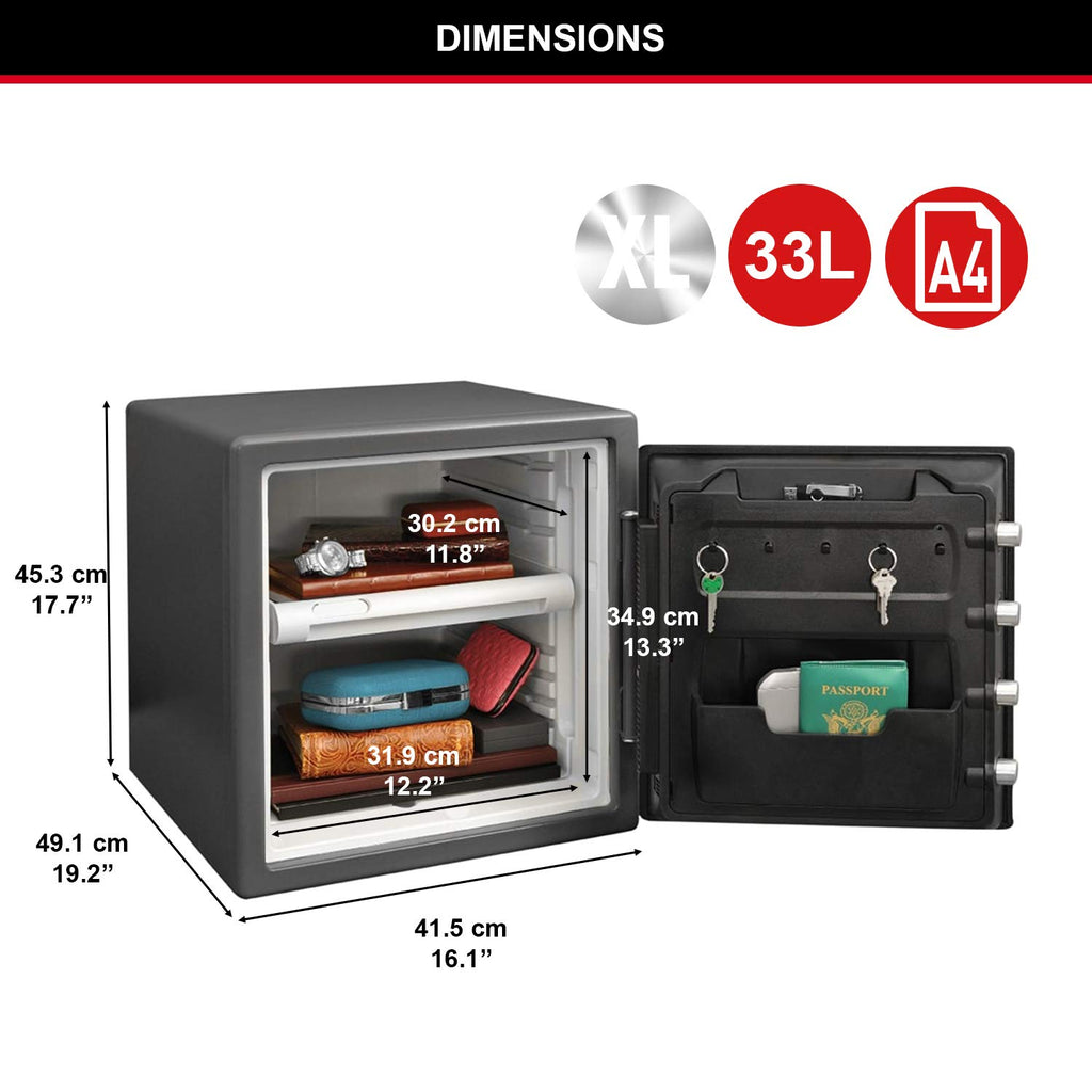 Master Lock Tresor Feuerfest und Wasserdicht mit Zahlencode und Schlüssel, Dreifacher Schutz - Flug, Feuer und Flut, elektronische Kombination und Schlüssel, 33.6L, 45.3 x 41.5 x 49.1 cm