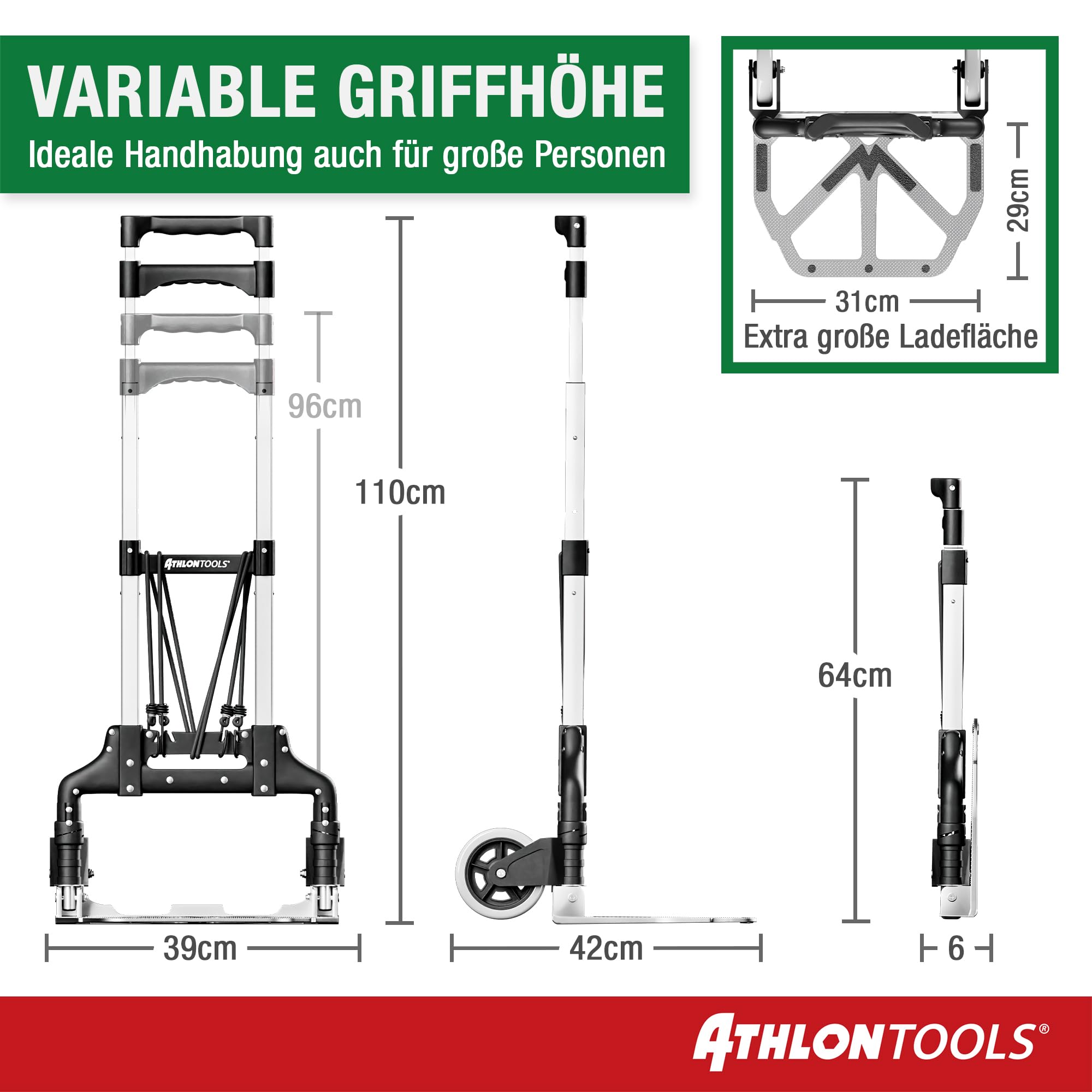 ATHLON TOOLS Aluminium Transportkarre klappbar TÜV geprüft – Langer Teleskopgriff 110 cm, Anti-Rutsch-Pads, Soft-Laufräder, inkl. 2 Expanderseile