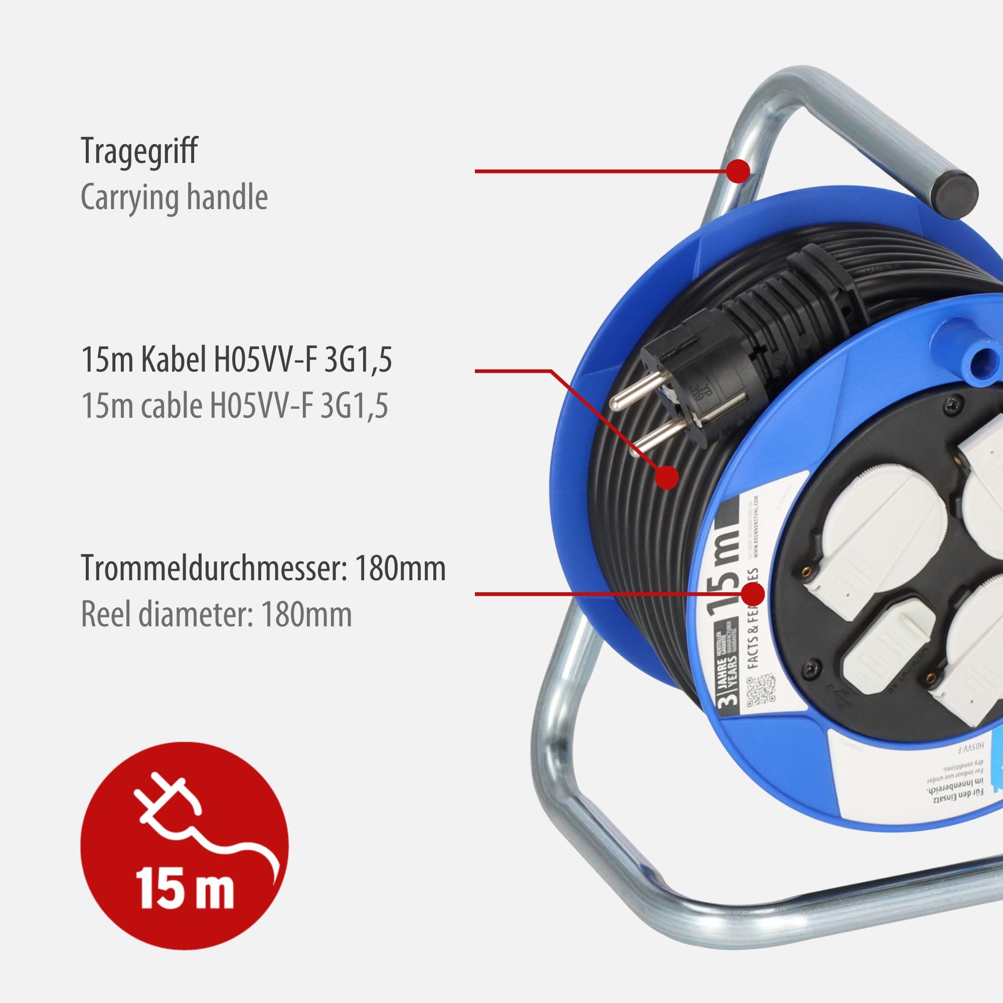 Brennenstuhl Garant Kompakt Kabeltrommel 3-fach mit USB (Kabeltrommel mit USB-Ladefunktion und 15m Kabel, Made in Germany) blau