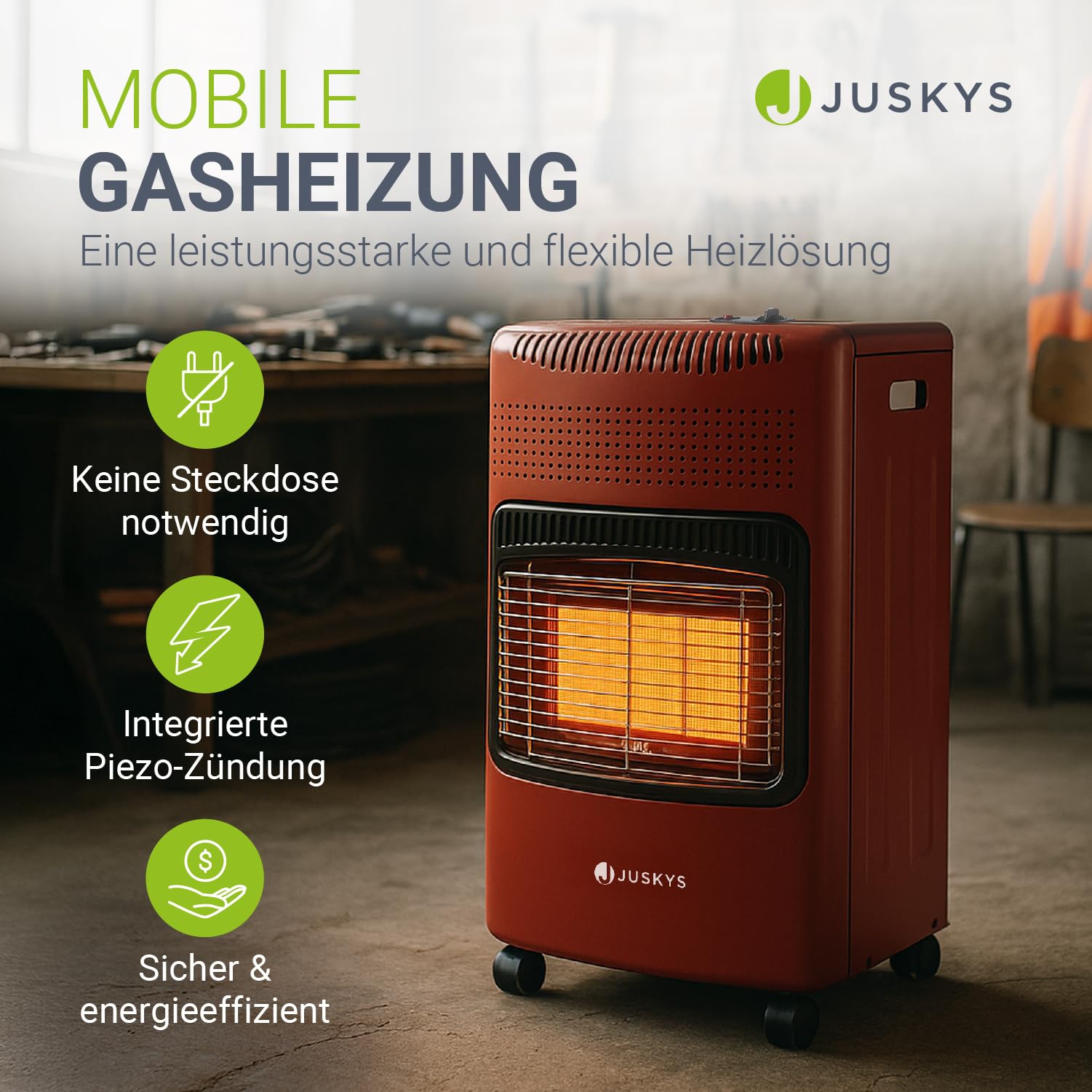 Juskys® Keramik Gasheizung GS42US in Rot - 4200 W mit Druckregler & Schlauch - Mobil, effizient & energiesparend - Gasheizer Gasheizofen Gasheizgerät