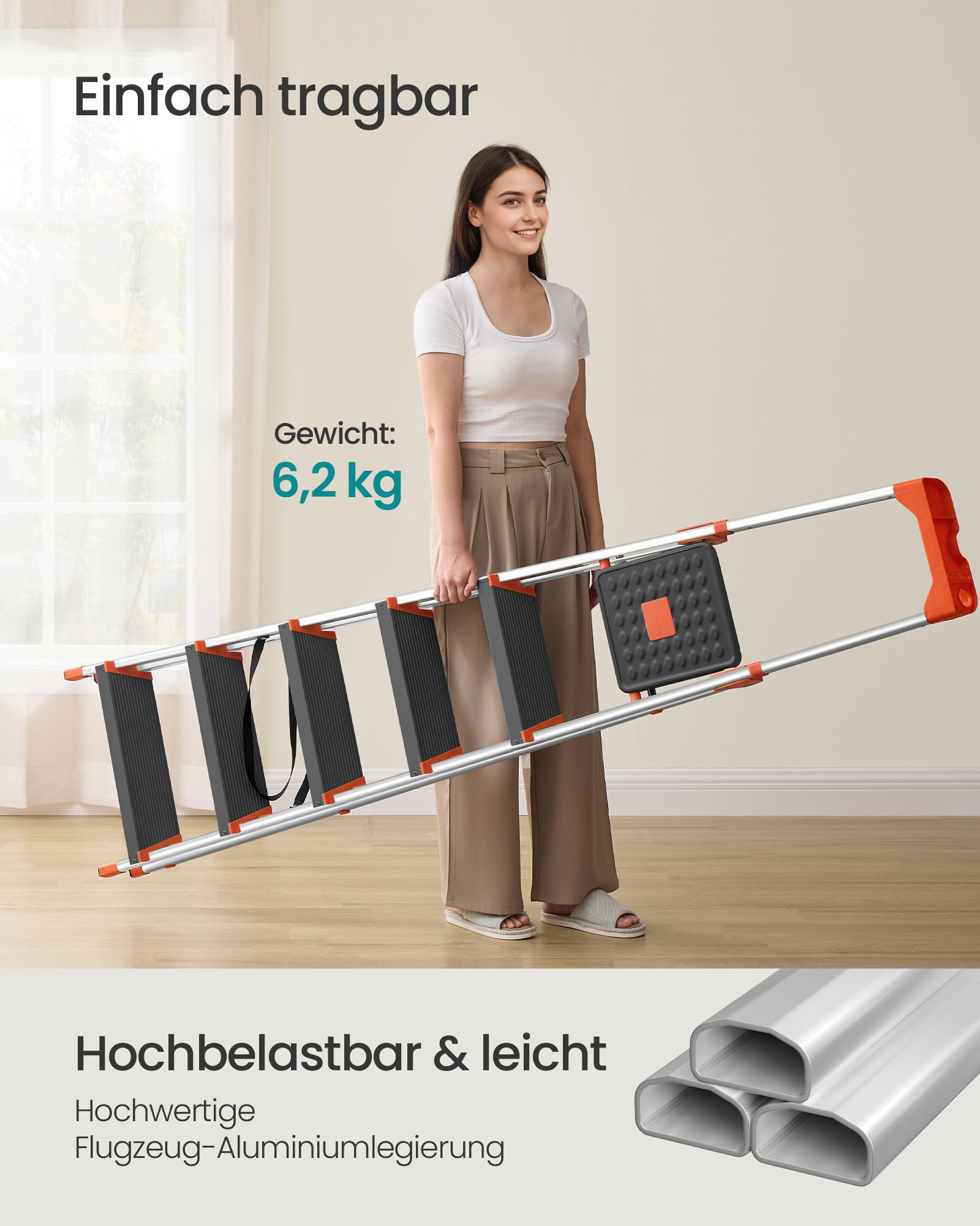 SONGMICS Leiter mit 6 Stufen, Aluleiter, 12 cm breite Stufen mit Riffelung, Anti-Rutsch-Füße, mit Handlauf, Werkzeugschale, bis 150 kg belastbar, schwarz-orange GLT06BK