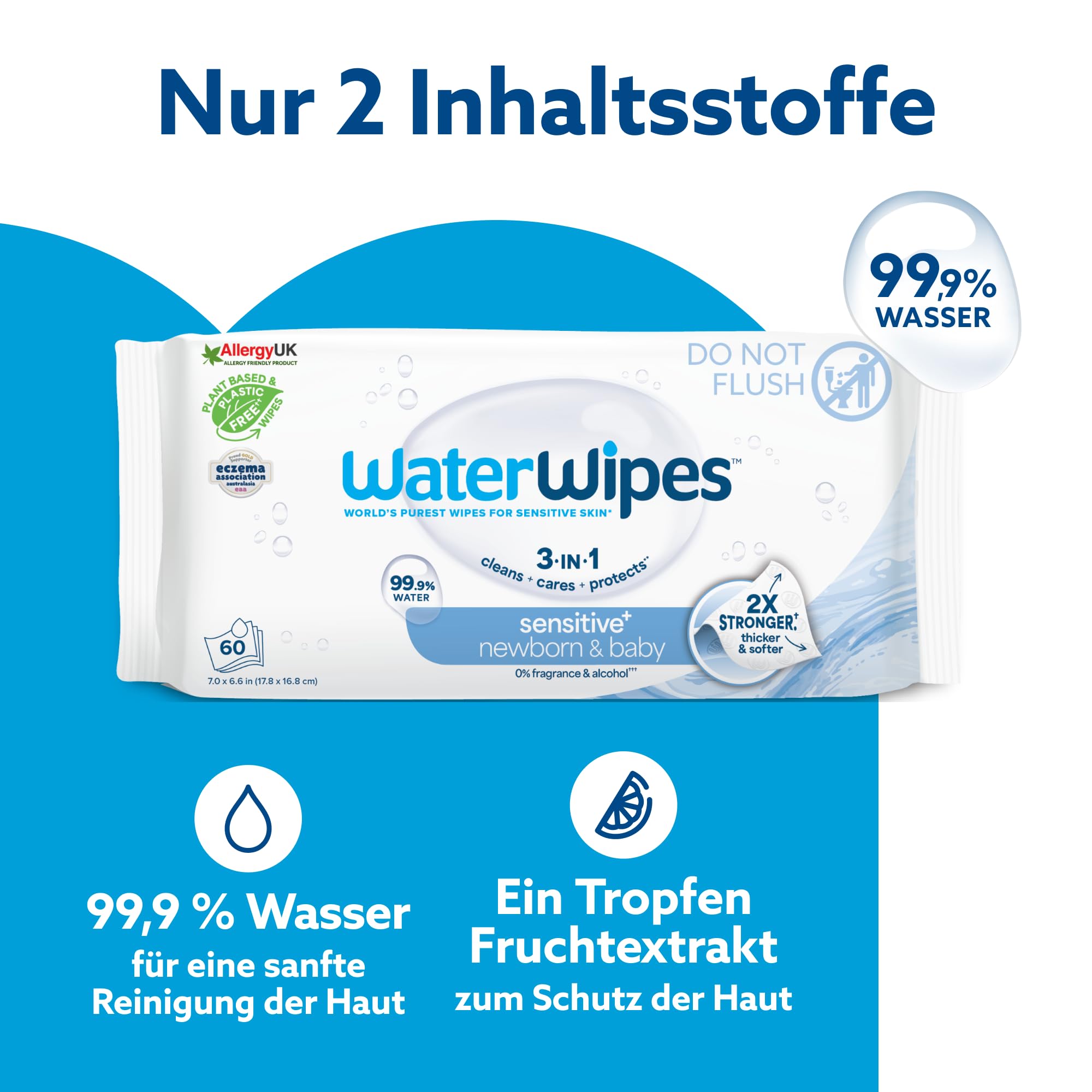 WaterWipes Sensitive+ Newborn & Baby Wipes, Feuchttücher für Neugeborene und Babys, 1080 Stück (18 Packungen), 3-in-1-Reinigung, Pflege, Schutz, 99,9% Wasser, parfümfrei