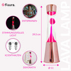 FISURA - Lavalampe rosa. Roségoldfarbener Chromsockel, transparente Flüssigkeit und rosa Lava. Lavalampe mit Ersatzbirne. Maße: 11 x 11 x 39,5 Zentimeter.