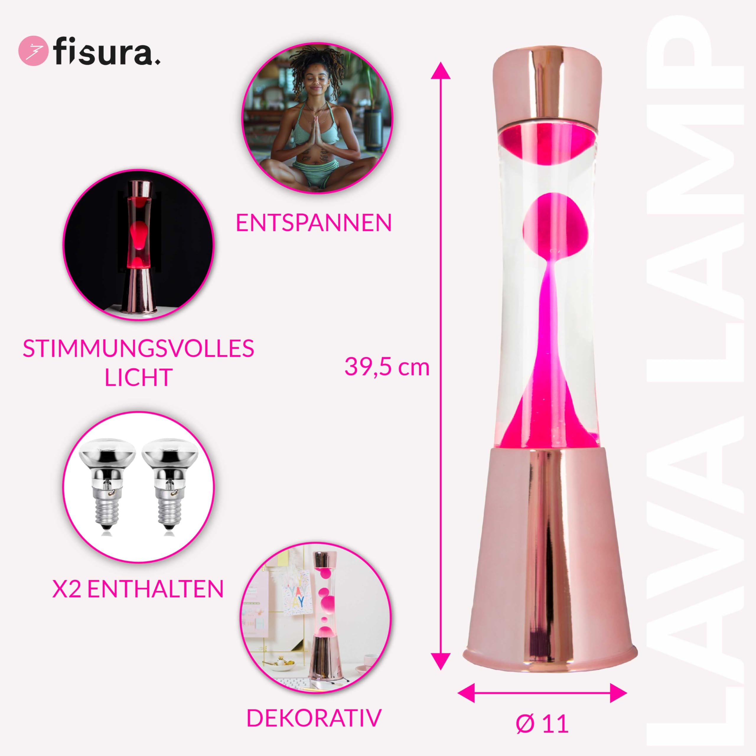 FISURA - Lavalampe rosa. Roségoldfarbener Chromsockel, transparente Flüssigkeit und rosa Lava. Lavalampe mit Ersatzbirne. Maße: 11 x 11 x 39,5 Zentimeter.