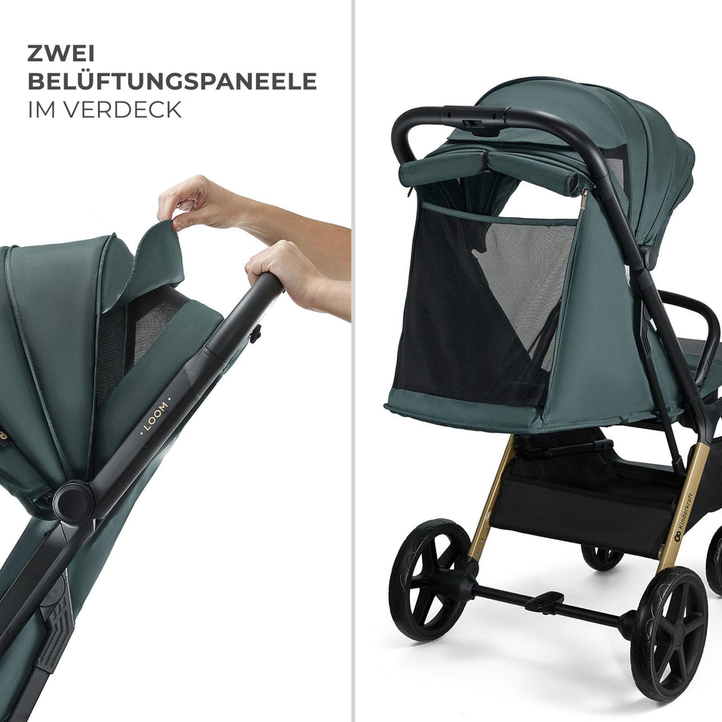 Kinderkraft LOOM Kompakter und leichter Buggy, automatisches Zusammenklappen, große pannensichere Räder, verstellbare Rückenlehne, ab Geburt bis 22 kg, Grün