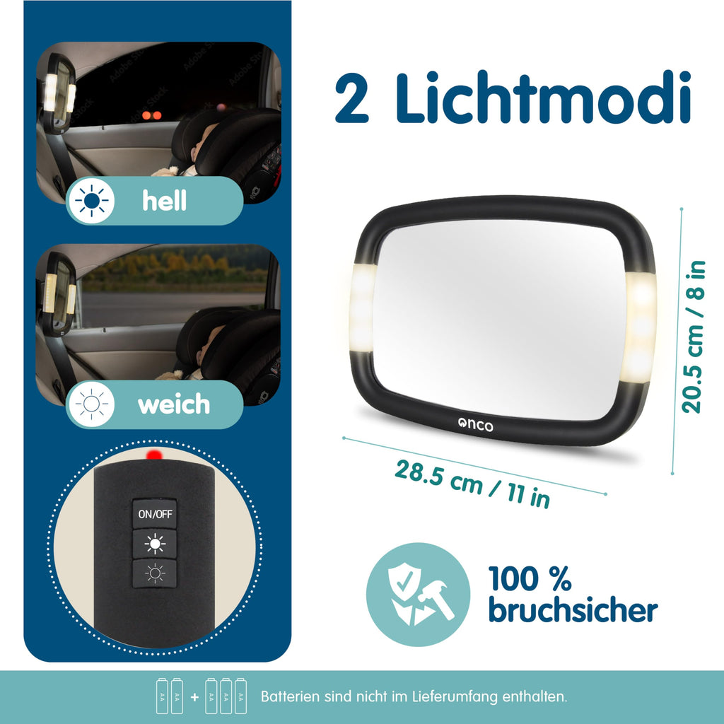 Onco LED Baby Autospiegel - 100% bruchsicher mit 2 Licht-Modi für Tag & Nacht, Rutschfester Baby Rückspiegel Auto mit 360° Schwenkung