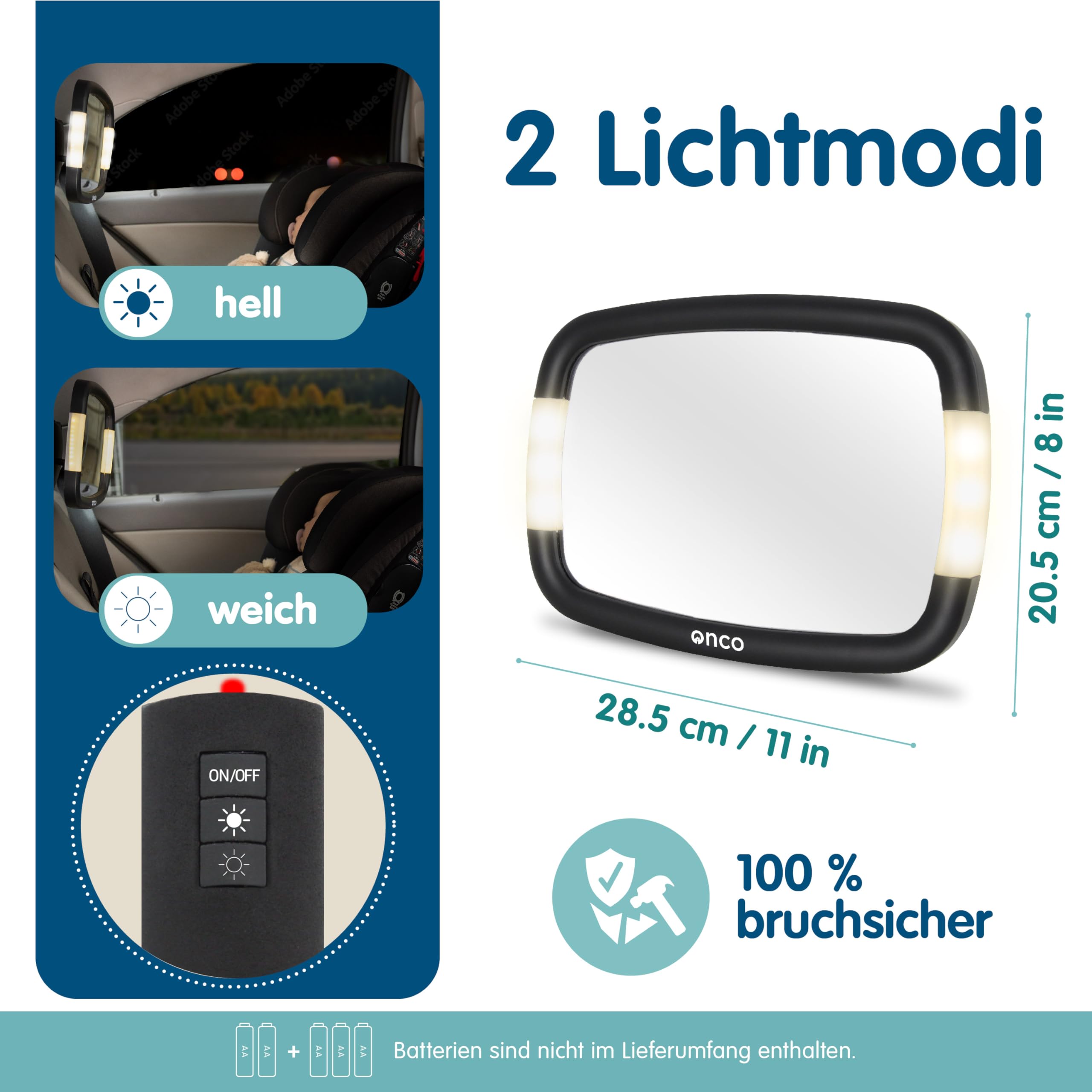 Onco LED Baby Autospiegel - 100% bruchsicher mit 2 Licht-Modi für Tag & Nacht, Rutschfester Baby Rückspiegel Auto mit 360° Schwenkung