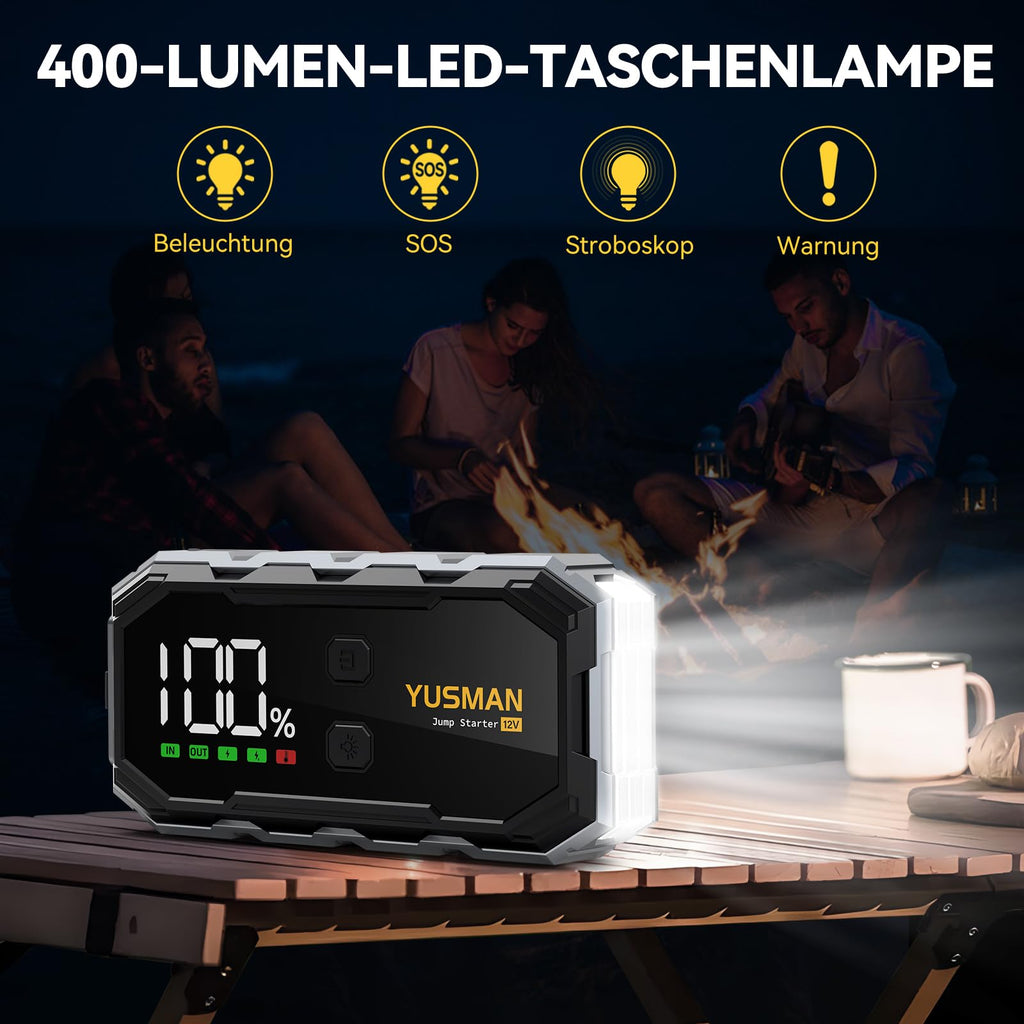 YUSMAN Starthilfe Powerbank für PKW | 6000A Autobatterie Booster für alle Fahrzeuge & 10.0L Diesel mit LED-Taschenlampe, Großdisplay & Springkabel – Ideal für SUV, Motorräder, Rasenmäher