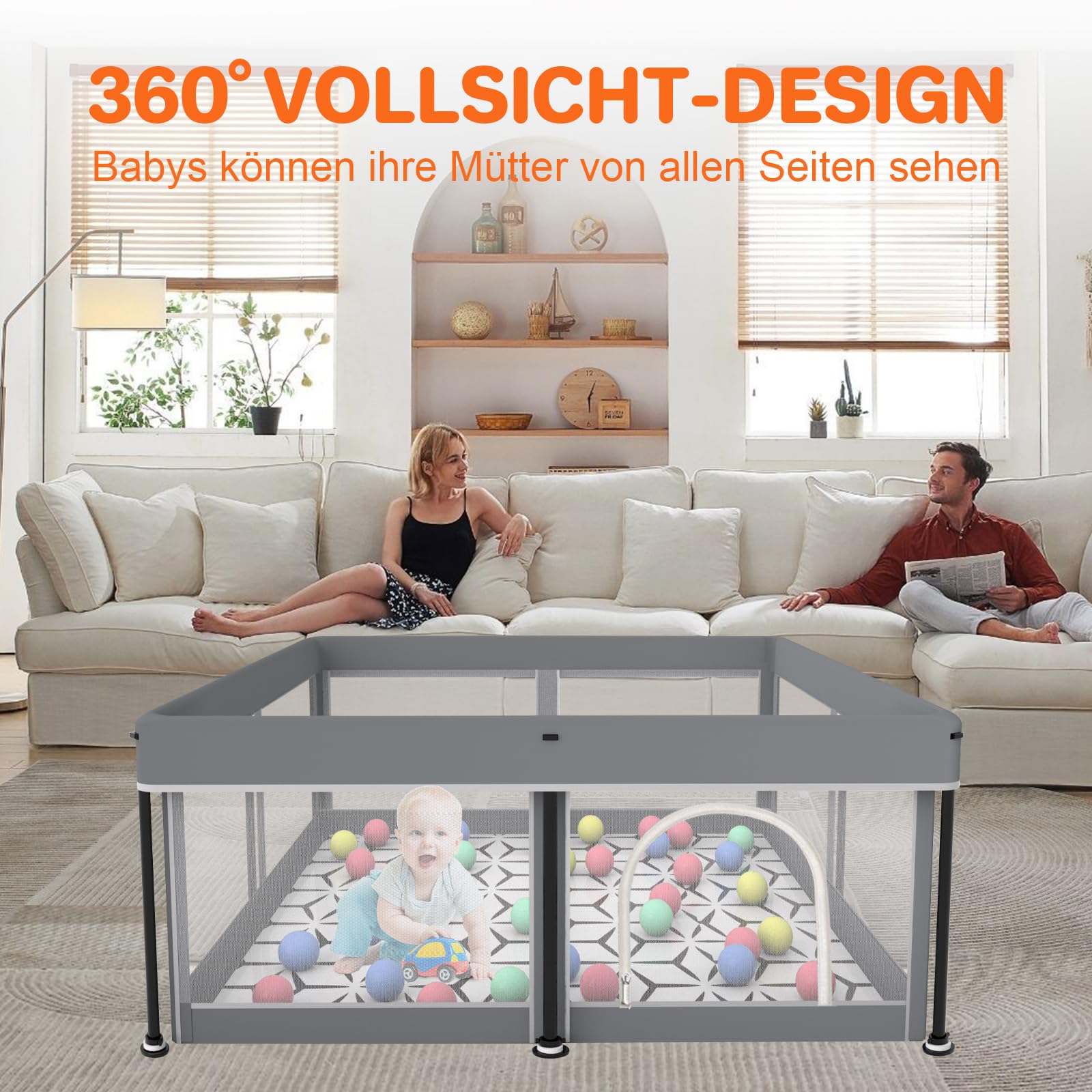 Laufstall Baby Faltbar Playpen with Mat - 127x127CM-Laufgitter, Schneller Aufbau, Sicher & Tragbar für drinnen & draußen (Grau)