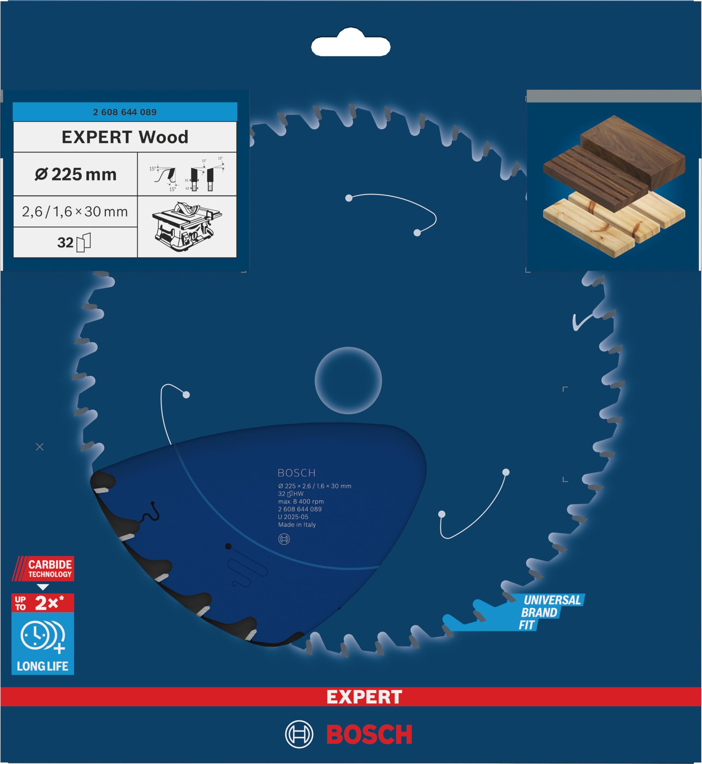 Bosch Professional 1x Kreissägeblatt Expert for Wood (Holz, Sägeblatt Ø 225 x 30 x 2,6 mm, 32 Zähne, Zubehör Kreissäge)