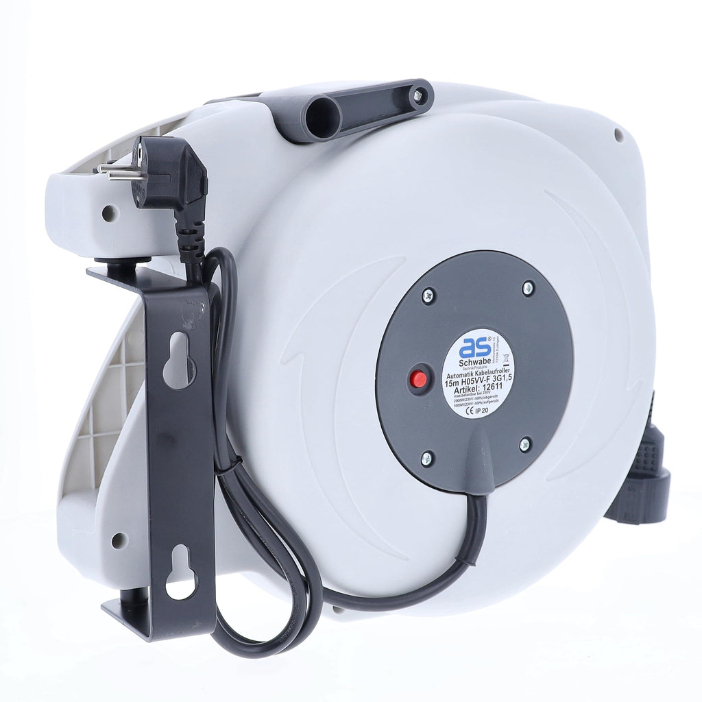 as - Schwabe Automatischer Kabelaufroller 20 m H05VV-F 3G1,5, mit Easy to Go Funktion, 180° schwenkbar, Schutzkontaktstecker und 2 m Zuleitung mit Schutzkontaktkupplung, 230V/16A, IP20, 12645