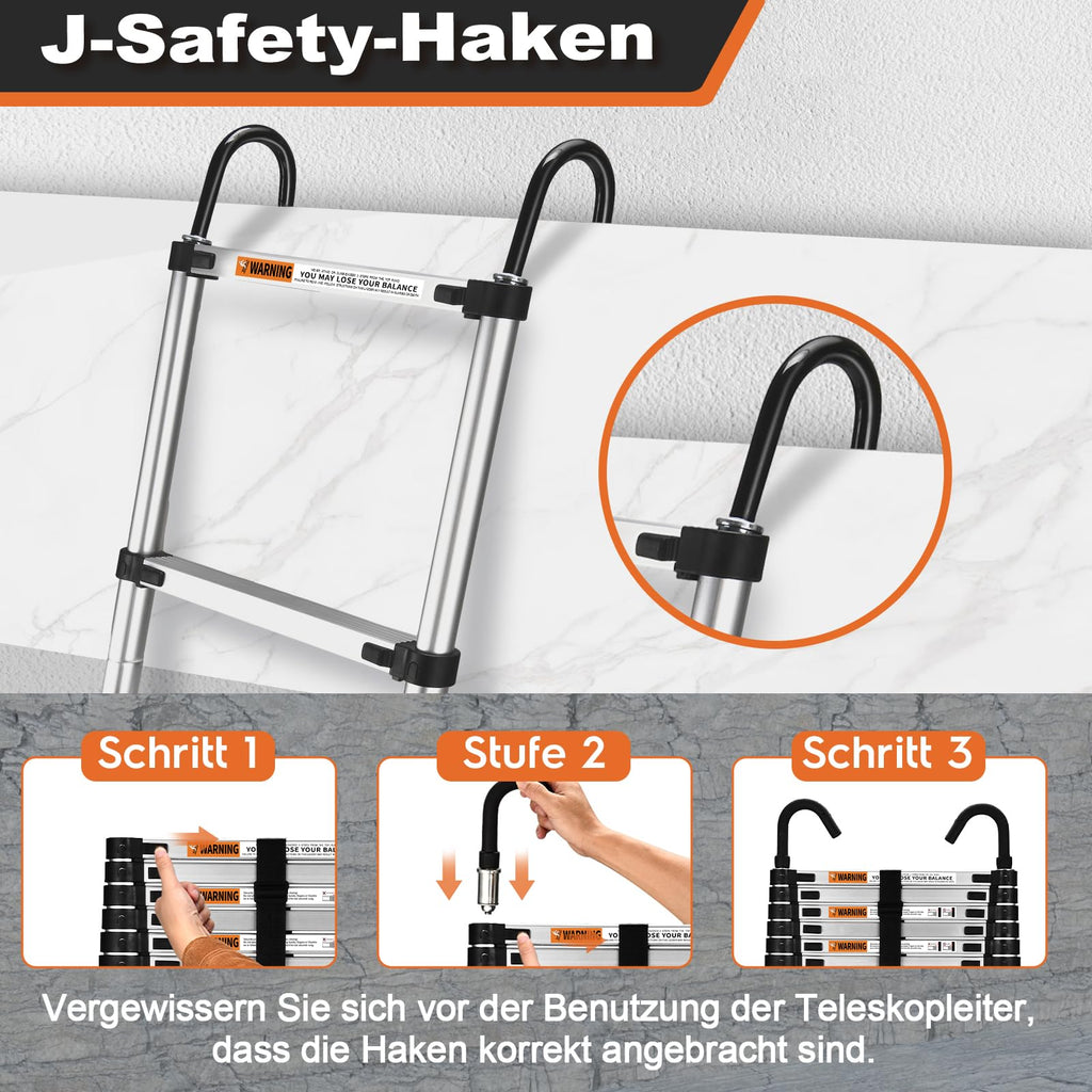 HBTower 3,8m Teleskopleiter Aluminium mit Haken, Leichte Ausziehleiter, Leiter Ausziehbar, klappbare Leiter für Dachböden, Caravans, 150kg Tragfähigkeit, Silber