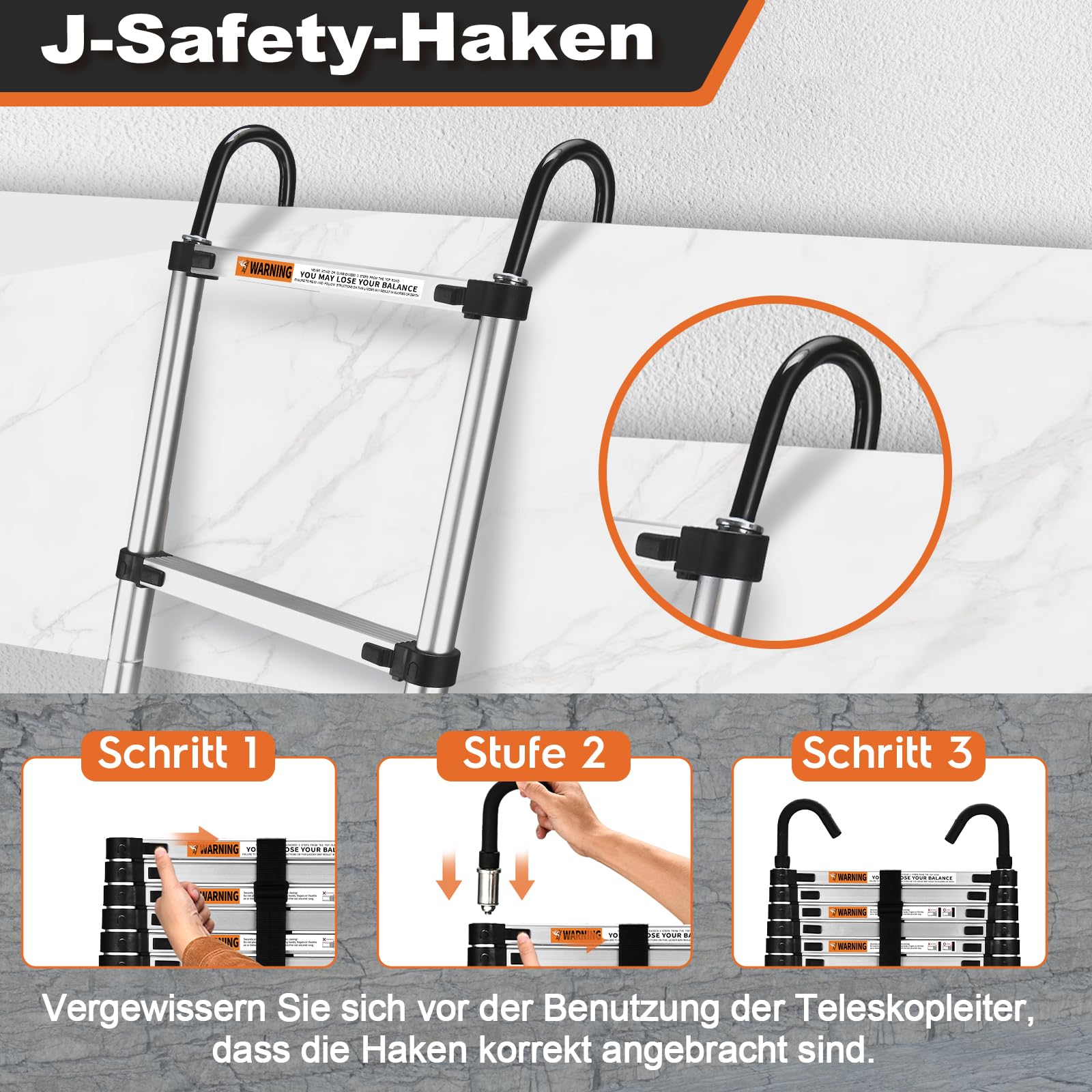 HBTower 3,8m Teleskopleiter Aluminium mit Haken, Leichte Ausziehleiter, Leiter Ausziehbar, klappbare Leiter für Dachböden, Caravans, 150kg Tragfähigkeit, Silber