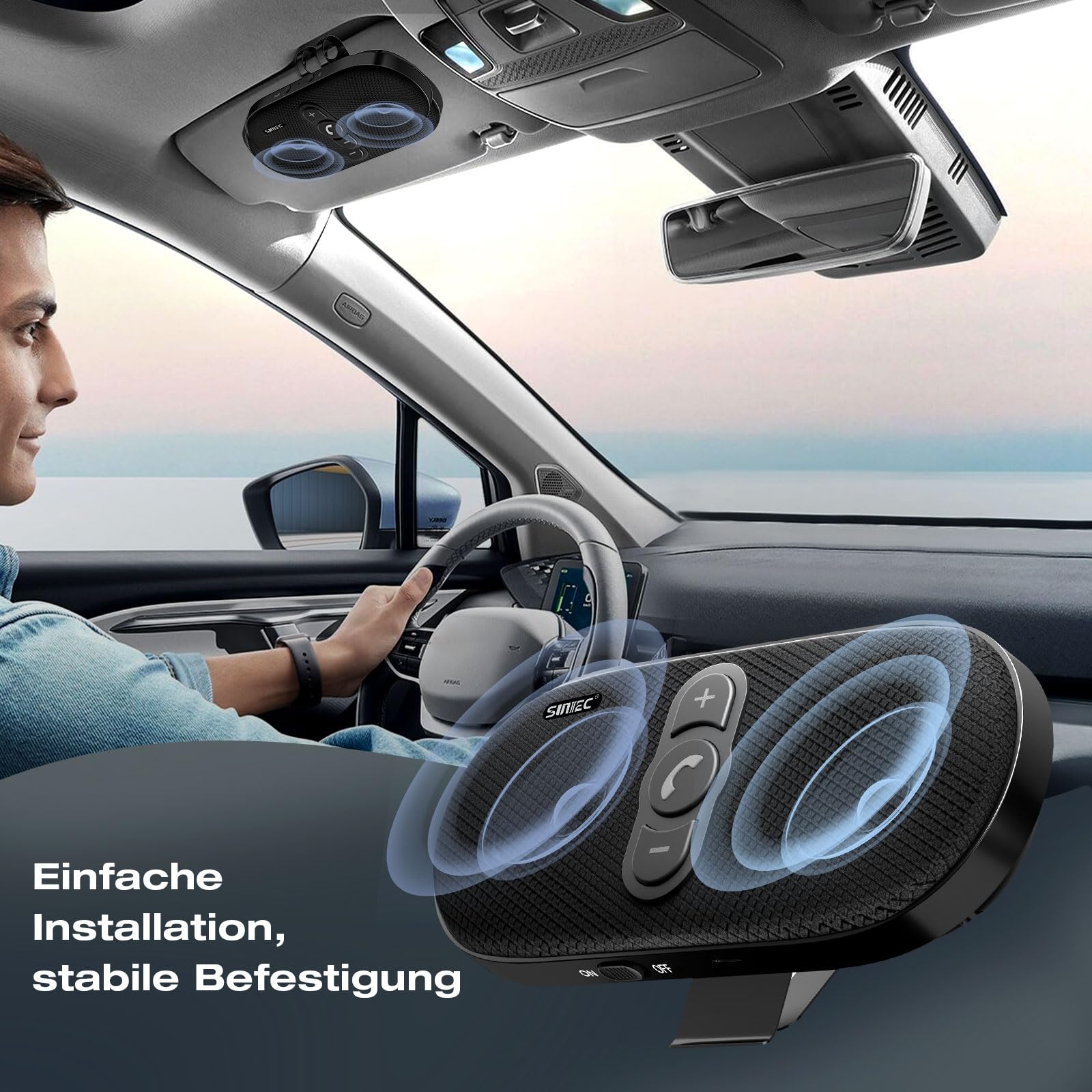 Freisprecheinrichtung für Auto Bluetooth 5.1 mit Clip Wireless Freisprechanlage Verbindet mit Siri & Google Assistant Unterstützung Auto EIN Aus Lauter 6W Lautsprecher für GPS Musik Telefon, Schwarz