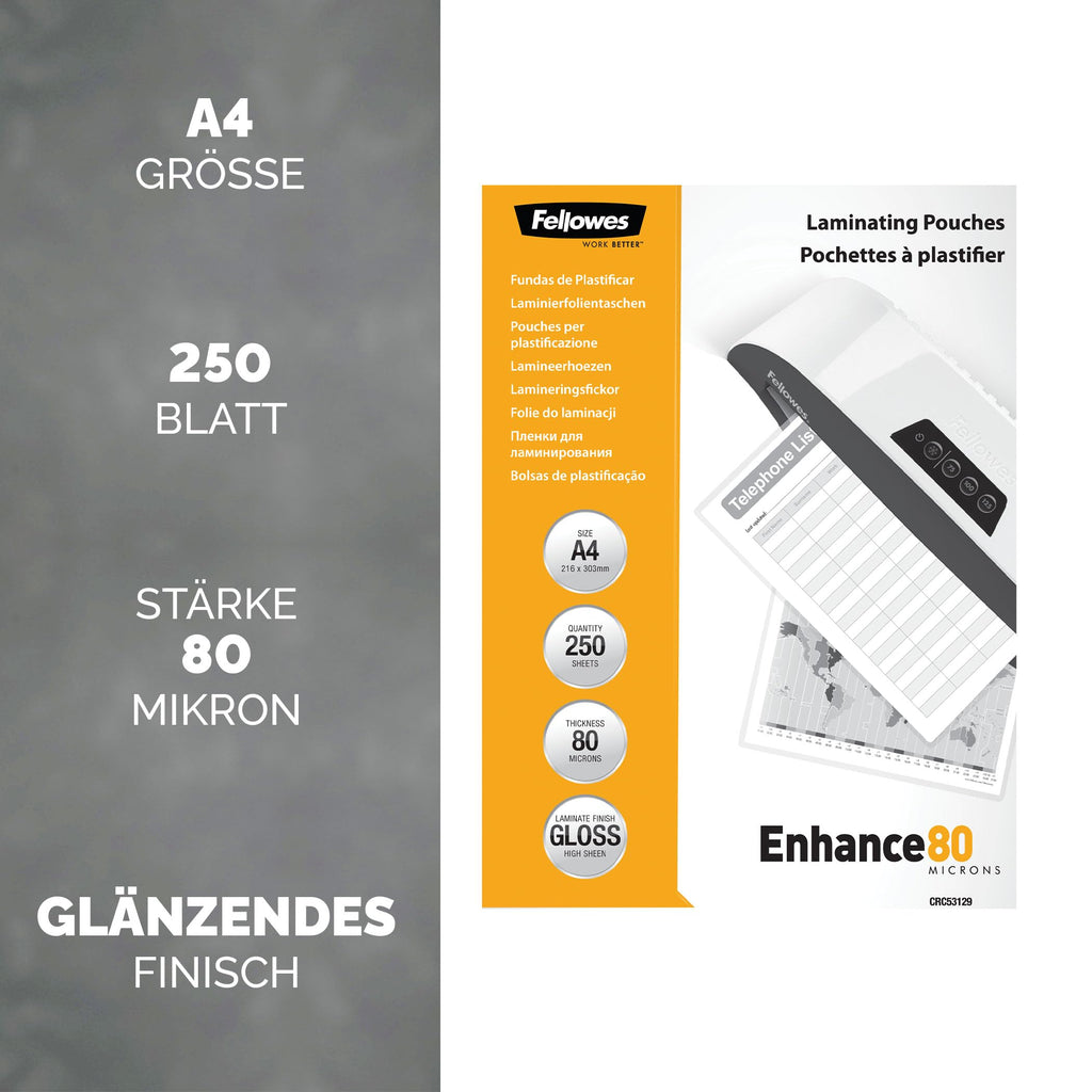 Fellowes Laminierfolien A4, 80 Mikron (2 x 80 mic), glänzend, Value Pack mit 250 Stück