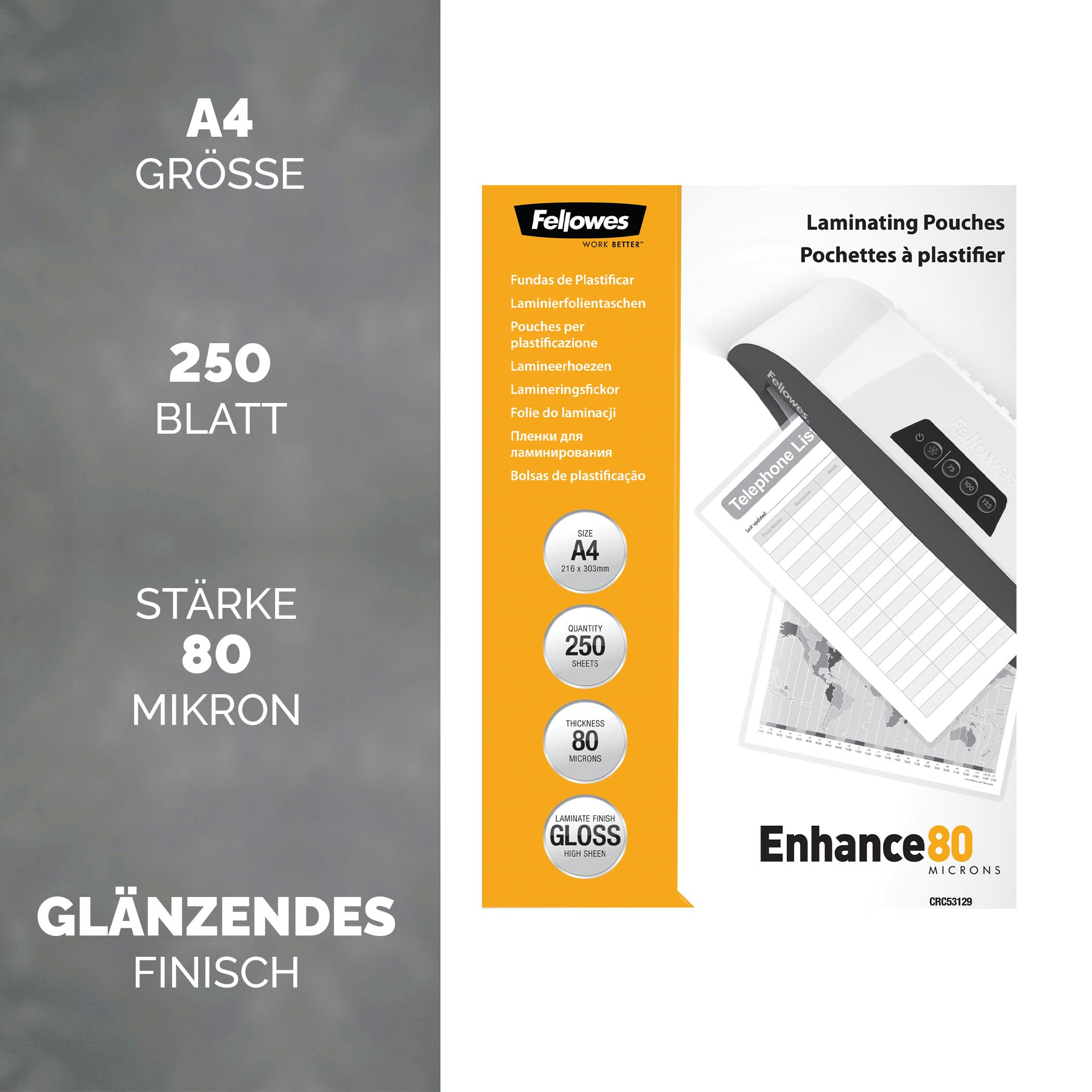 Fellowes Laminierfolien A4, 80 Mikron (2 x 80 mic), glänzend, Value Pack mit 250 Stück