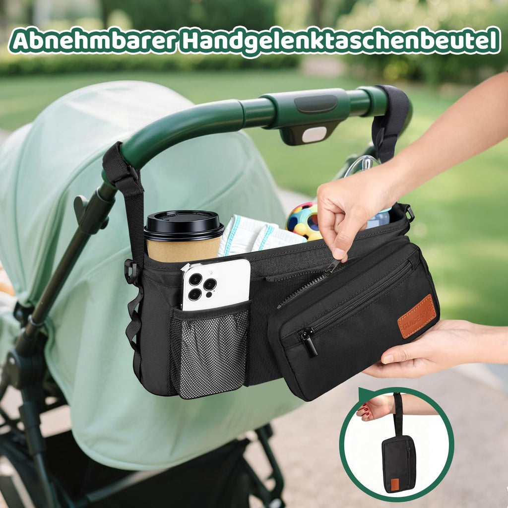 Guiseapue Universal Kinderwagenorganizer: Getränkehalter/Becherhalter für Kinderwagen Buggy Organizer Zubehör, Großer Kapazität Kinderwagentasche, Baby Erstausstattung Neugeborene