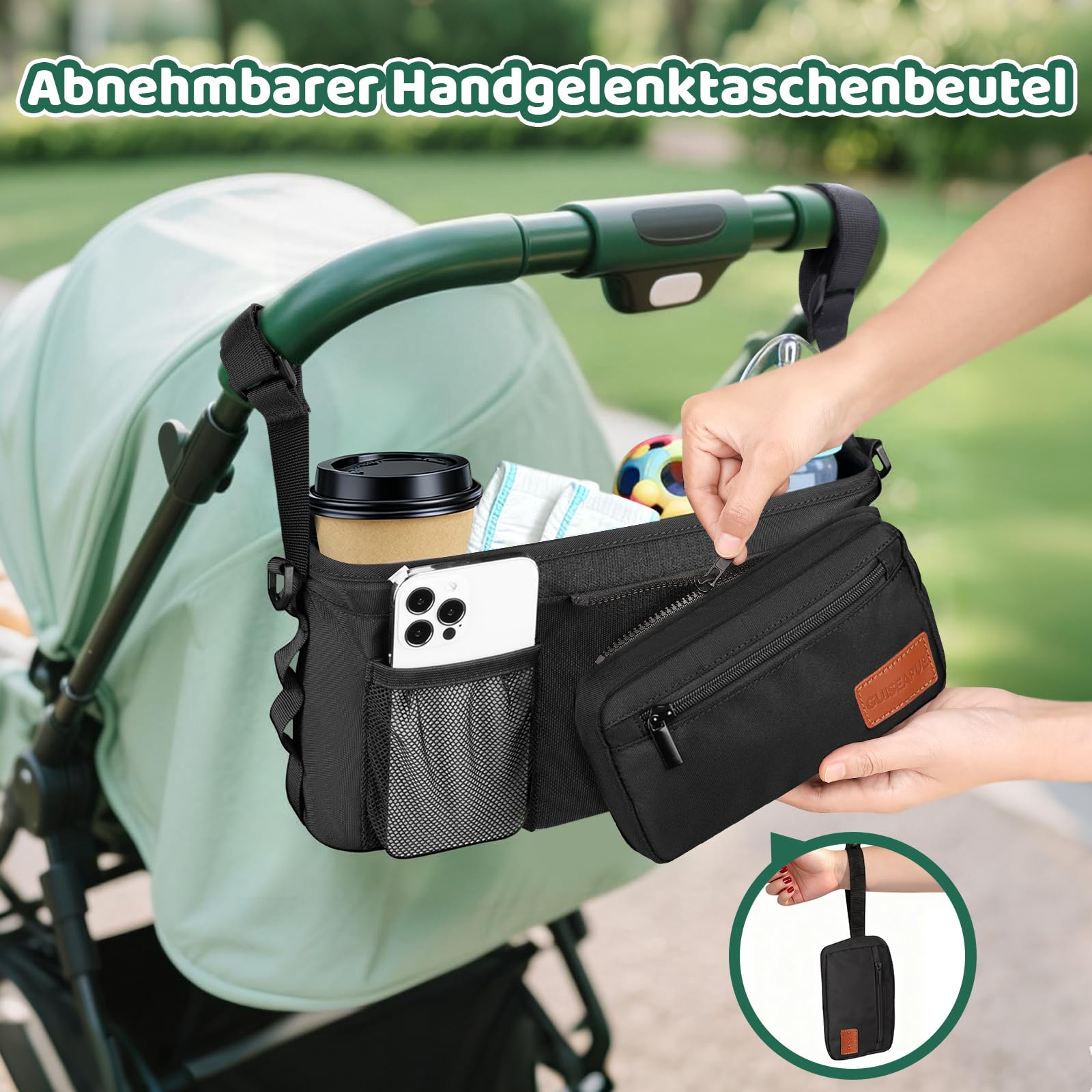 Guiseapue Universal Kinderwagenorganizer: Getränkehalter/Becherhalter für Kinderwagen Buggy Organizer Zubehör, Großer Kapazität Kinderwagentasche, Baby Erstausstattung Neugeborene