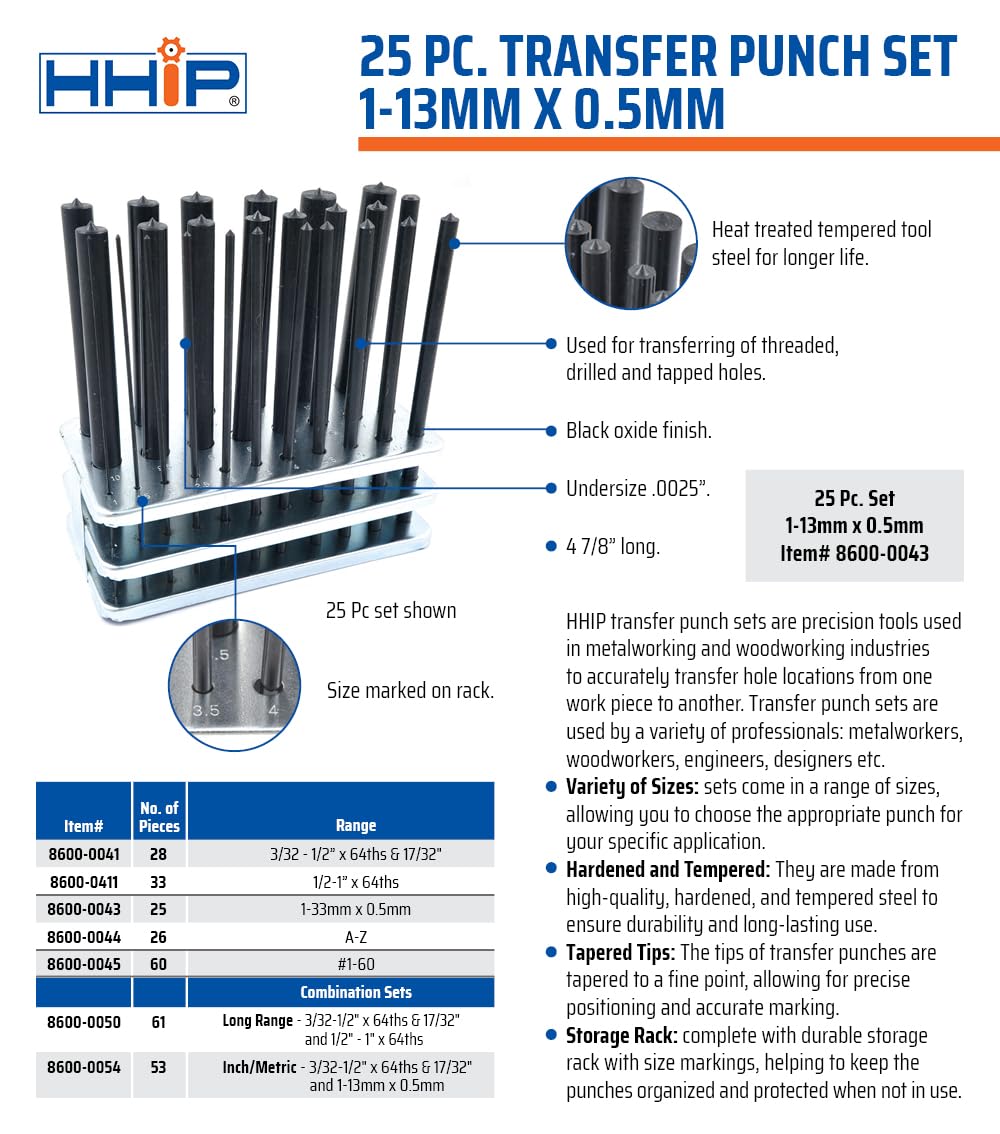 HHIP 8600-0043 25 Piece 1-13mm Metric Transfer Punch Set