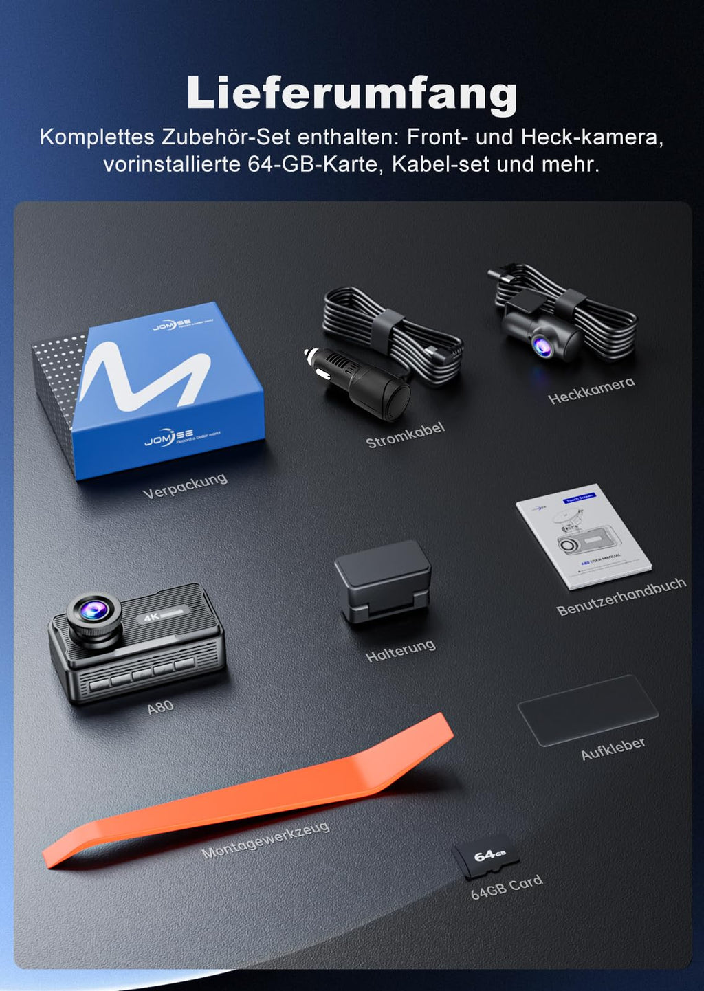 JOMISE 4K+4K Dashcam vorne und hinten, ultraschnelle Ethernet-Datenübertragung (20 Mbps) & stabiles WiFi 6, Touchscreen camera auto mit GPS, Nachtsicht, 24h Parküberwachung, Speicher bis 1TB (A80 Pro)