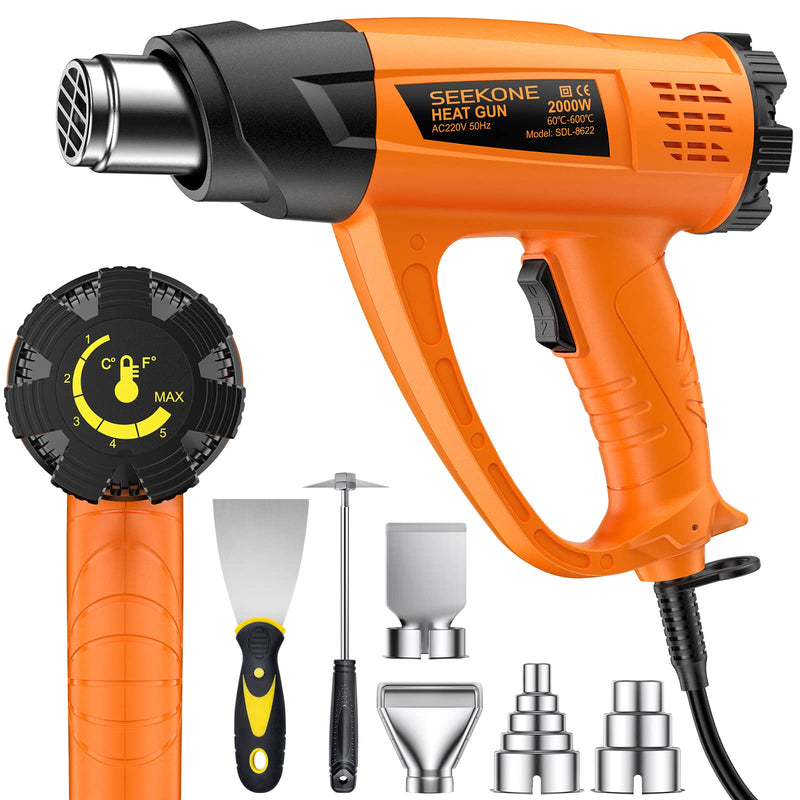 SEEKONE Heißluftpistole Kit, Variable Temperaturregelung 60℃- 600℃ Heissluftgebläse mit 7 Zubehör, Keramik-Heizkern, Elektrische Heißluftfön Schnelle Erwärmung zum Entlacken, Löten und Schrumpfen