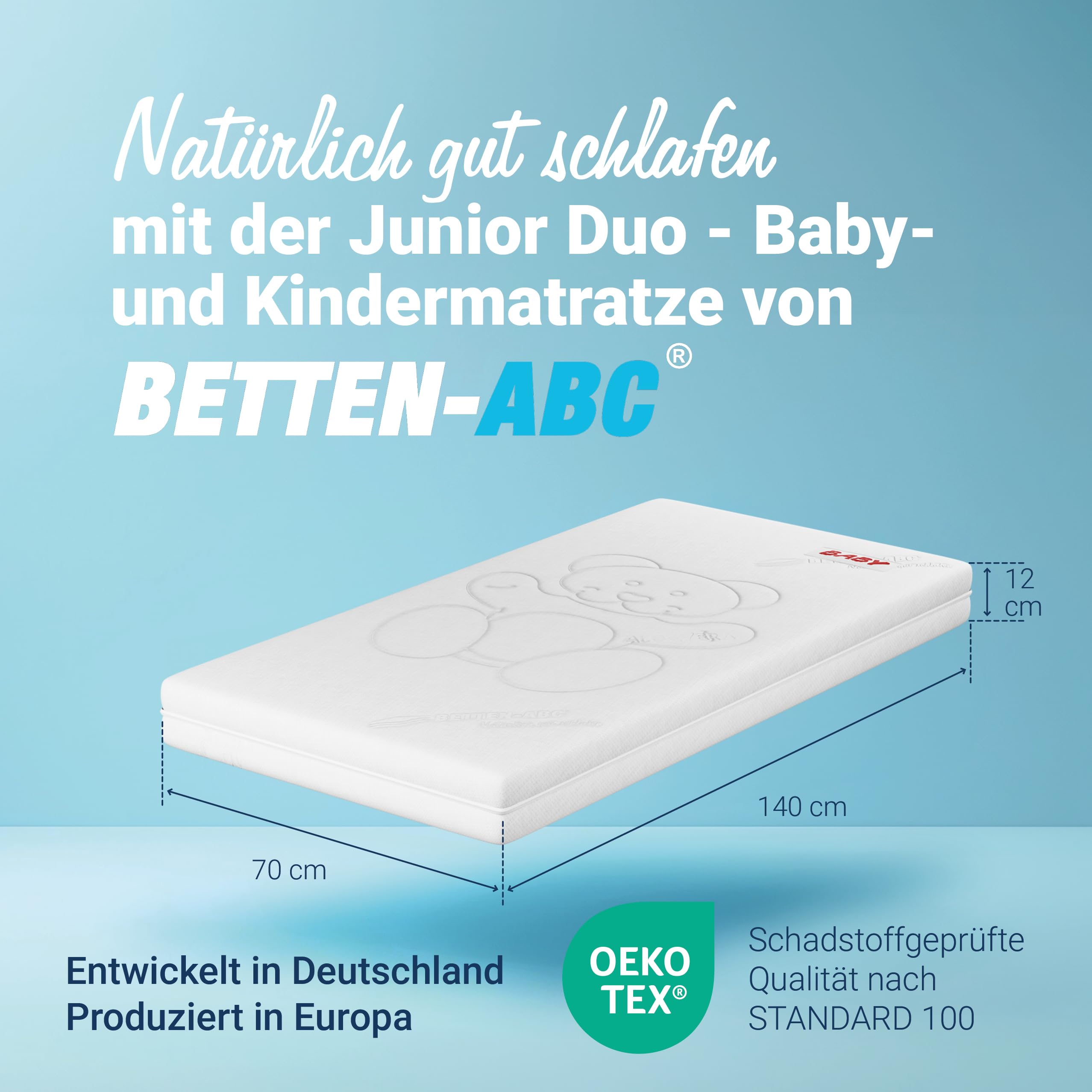 Betten-ABC - Junior Duo - Wendematratze für Babys & Kleinkinder - 70x140 cm - mit Rundum-Trittkante & 2 Seiten - Oeko-TEX-Zertifiziert - Abnehmbarer & waschbarer Aloe Vera-Bezug - Lieferung per Paket