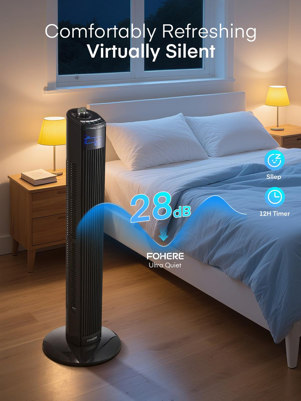 FOHERE Leiser Turmventilator, 91CM Oszillierender Stand Ventilator mit Kühlung Fernbedienung, 12-Stunden-Timer und Schlafmodus, Tragbarer Ventilator ohne Flügel für Schlafzimmer, Schwarz