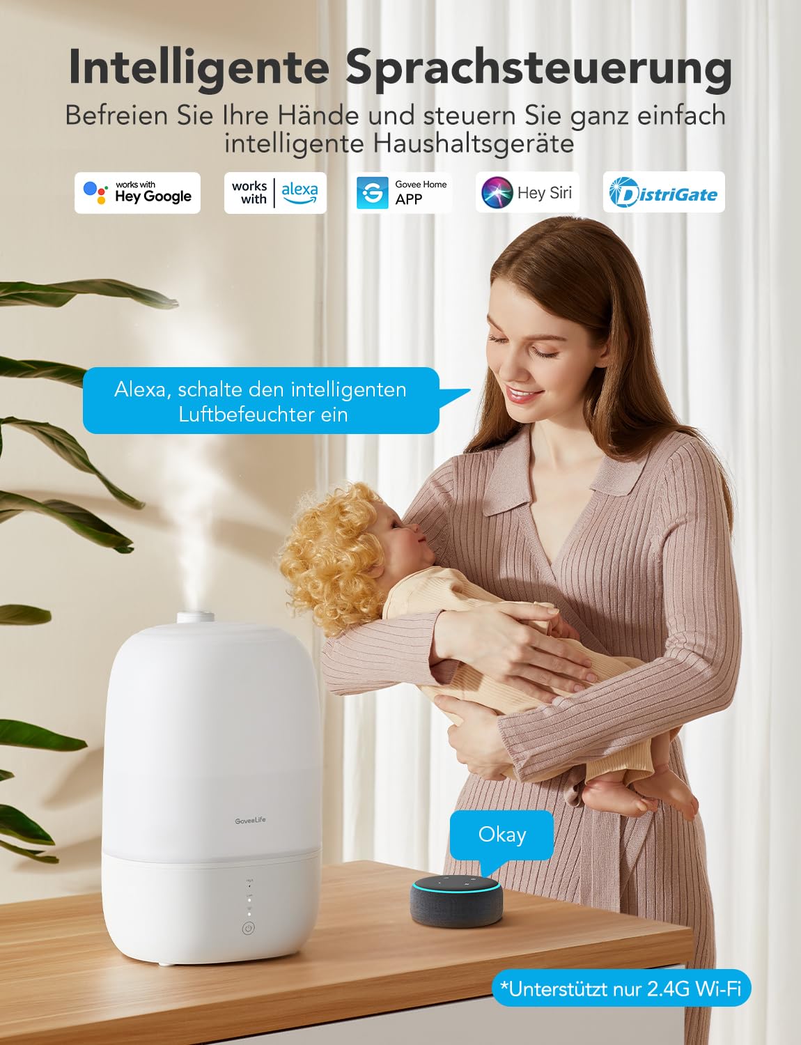 GoveeLife Smart Luftbefeuchter Schlafzimmer, 3L Top-Fill Air Ultraschall Humidifier mit Aroma Diffusor & Nachlicht bis zu 25H, 24dB Leise Klein Raumluftbefeuchter Pflanzen, Baby, Kinderzimmer, Growbox